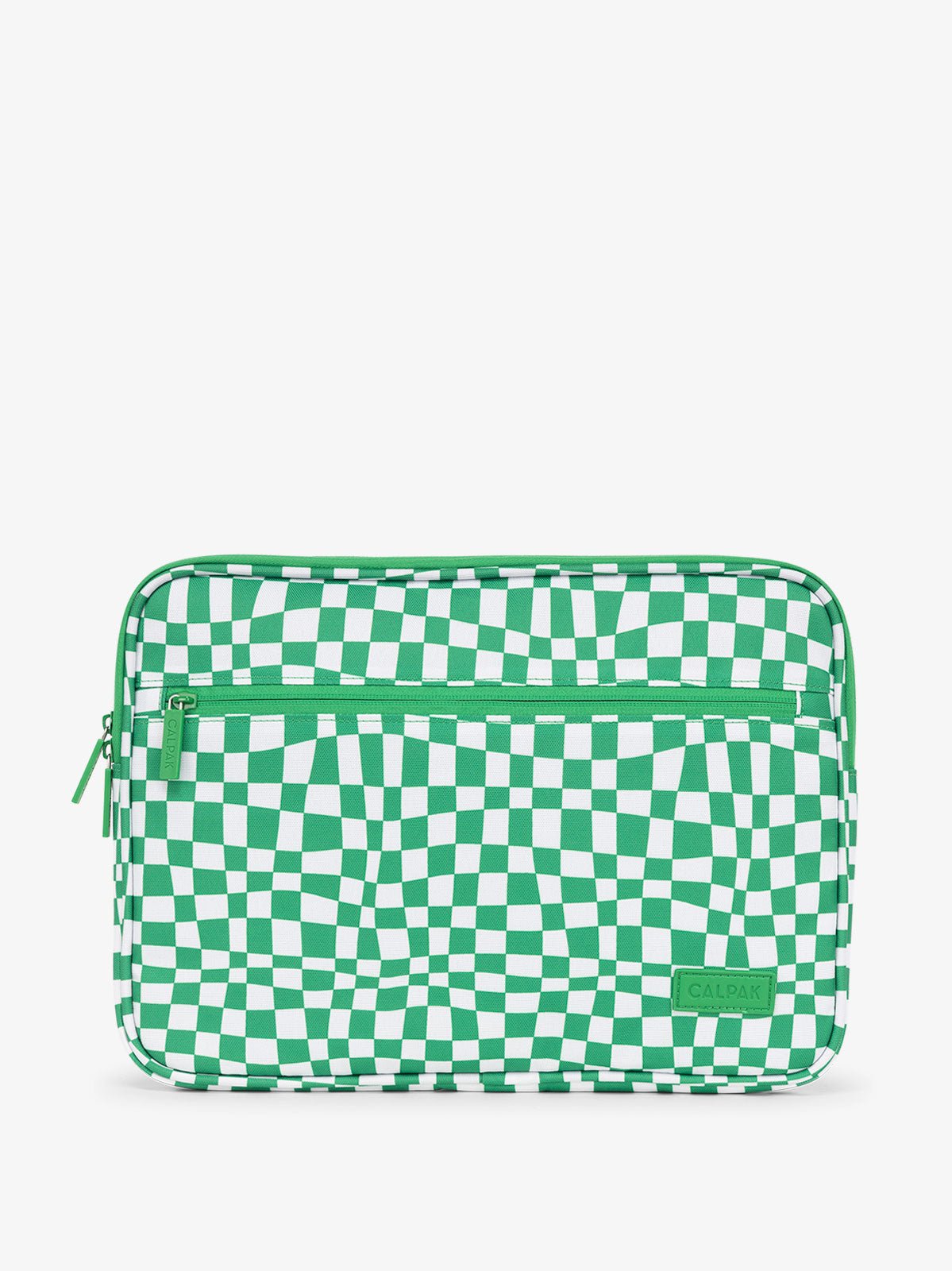 CALPAK 13-14 Inch Laptop Case with zippered front pocket in green checkerboard
