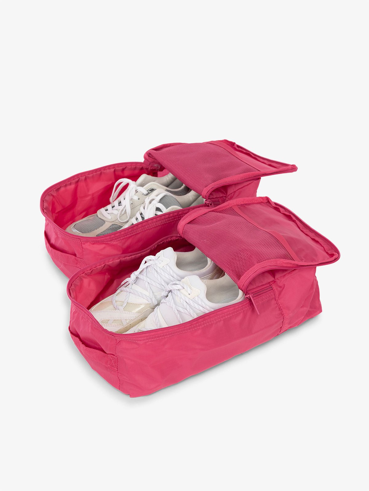 CALPAK Compakt shoe bag set with mesh pockets for travel in pink dragonfruit