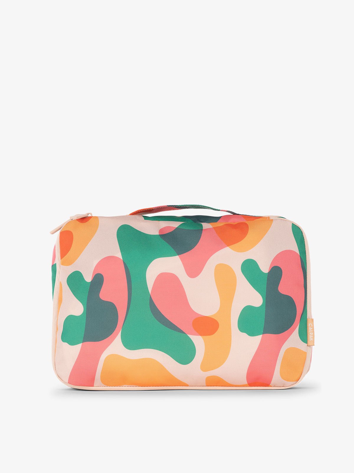 CALPAK packing cubes with top handle in pink and green abstract print