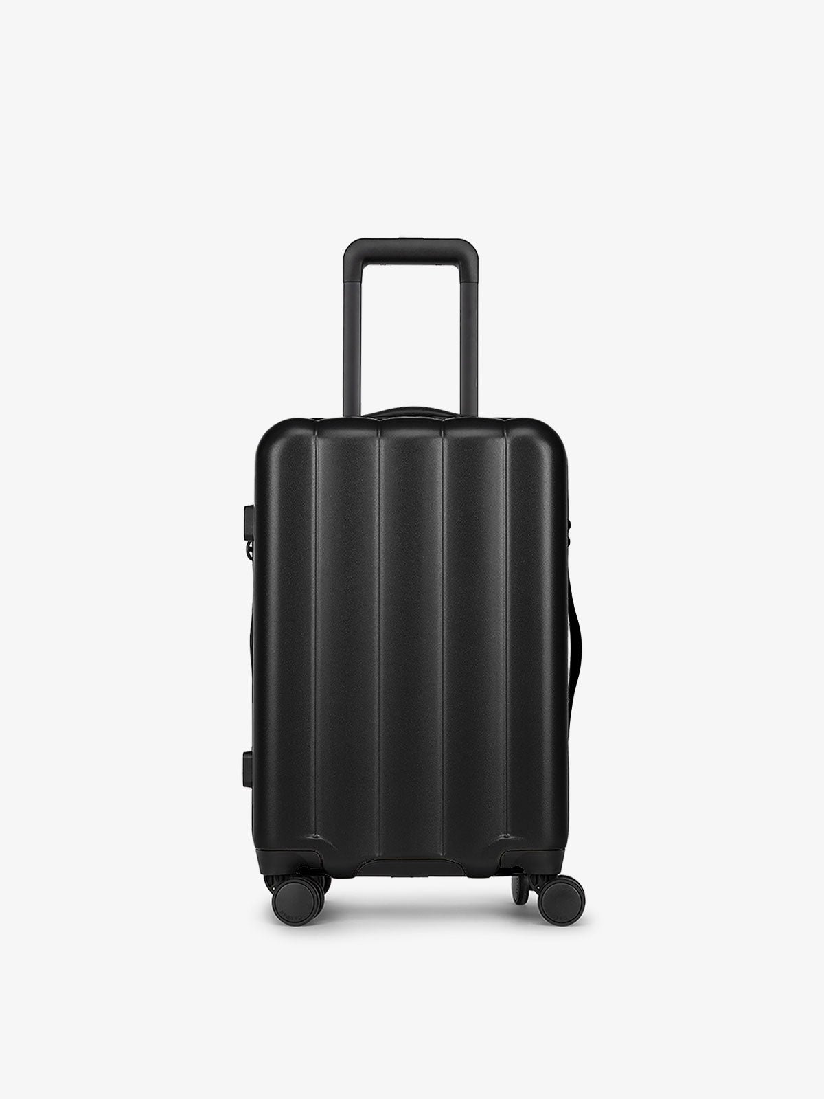 Black carry-on luggage made from an ultra-durable polycarbonate shell and expandable by up to 2"