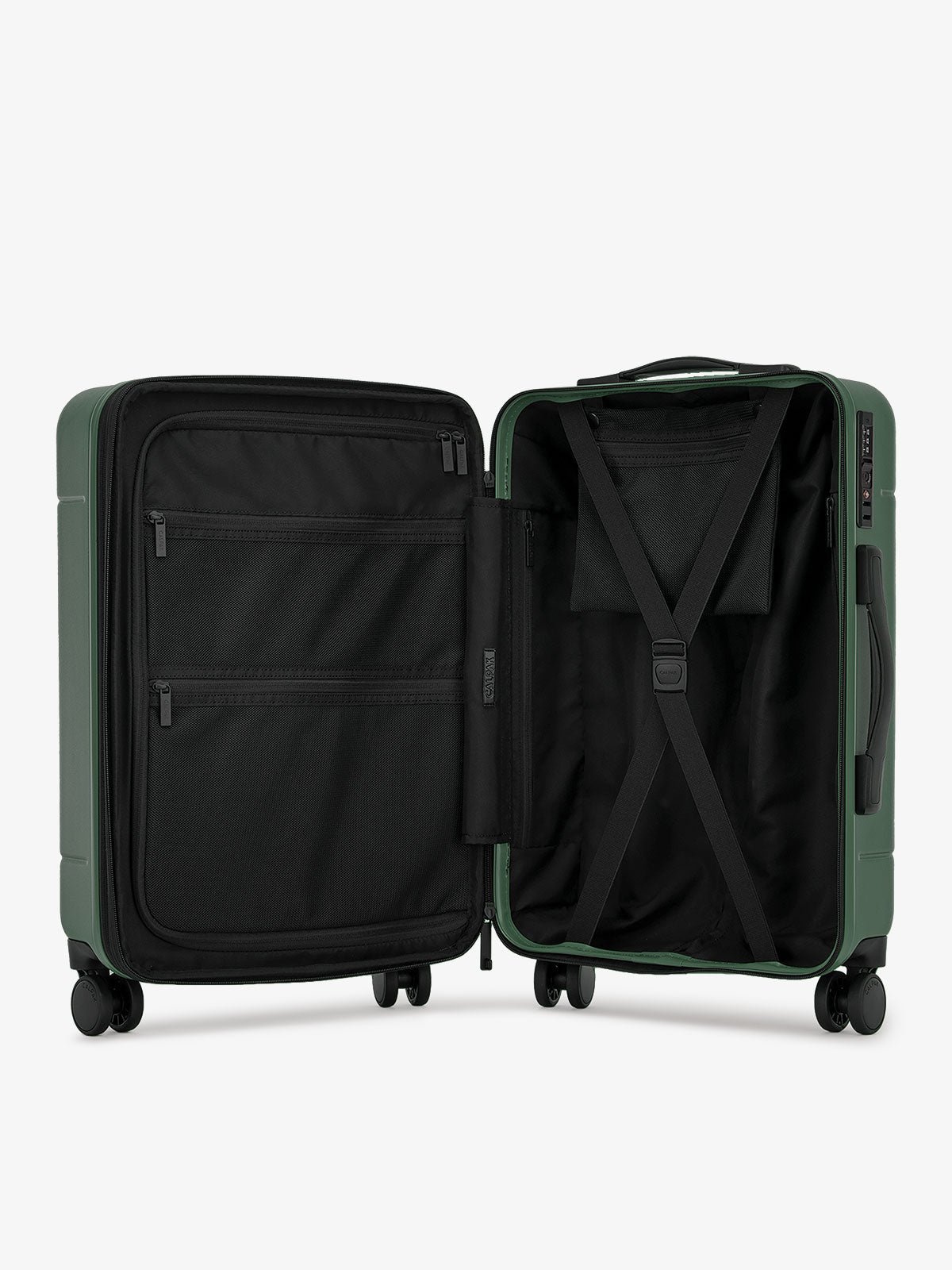 Interior of Hue rolling carry-on suitcase in emerald green