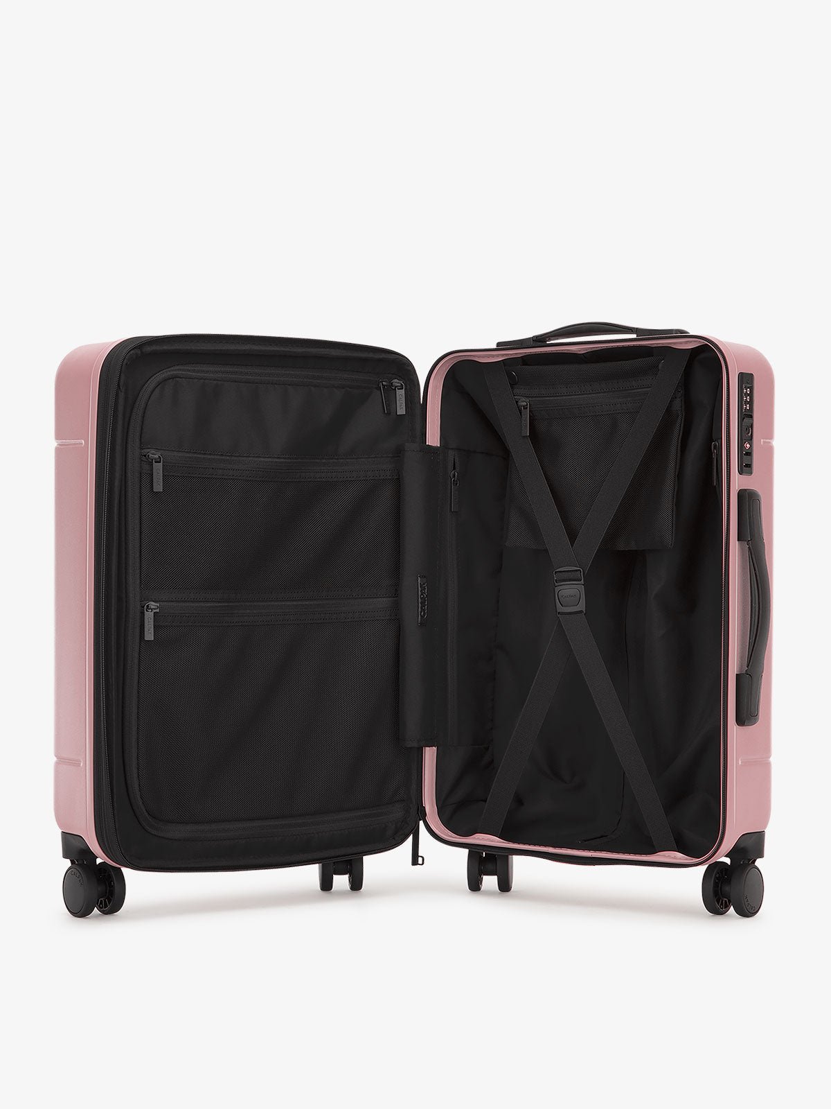 Interior of Hue rolling carry-on suitcase in pink mauve