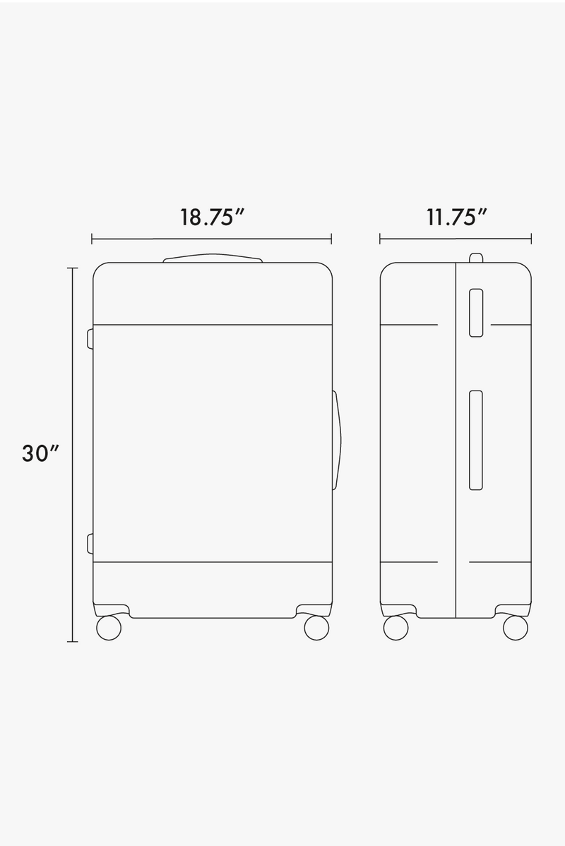 CALPAK Hue Large Luggage dimensions: 30" tall, 18.75" wide, 11.75" deep;