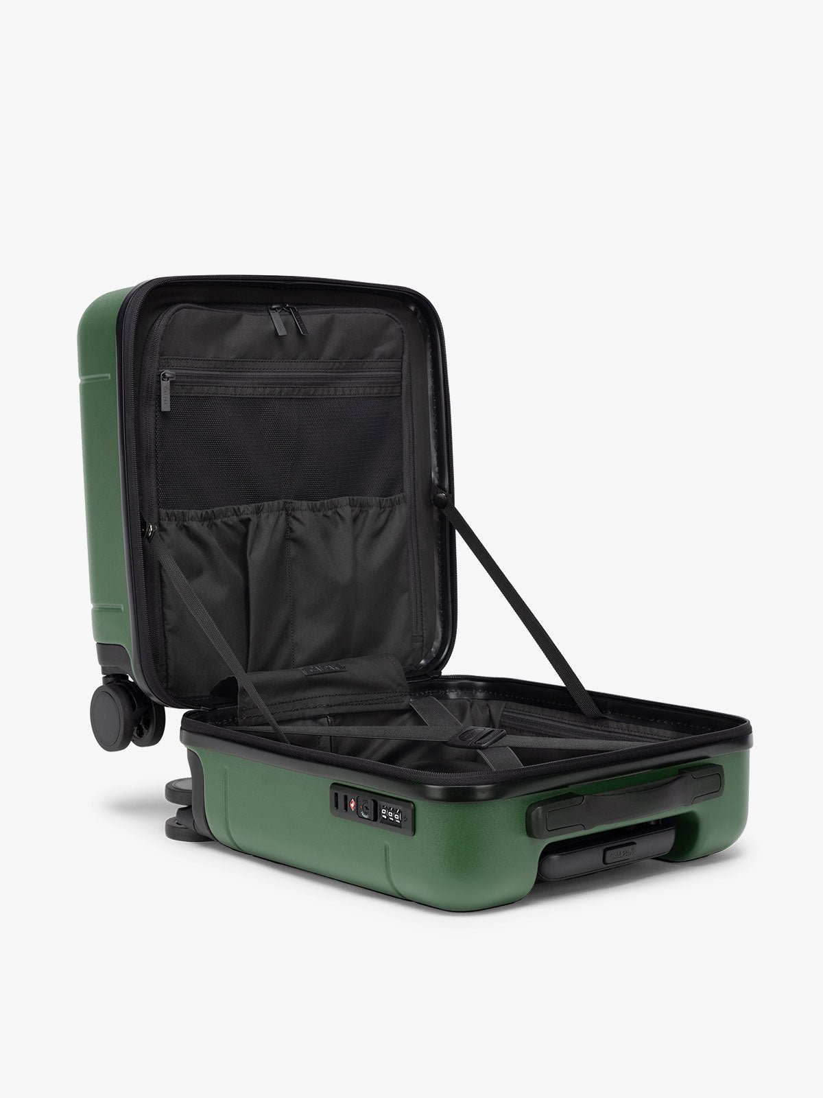 Hue small carry-on featuring compression straps in green