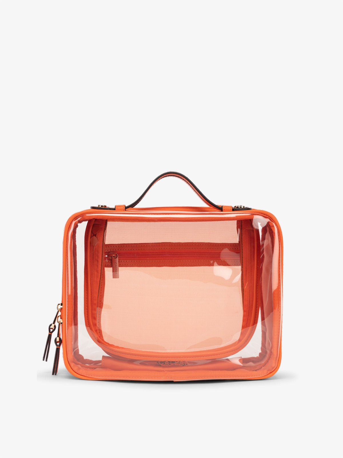 CALPAK Large clear makeup bag with zippered compartments in papaya