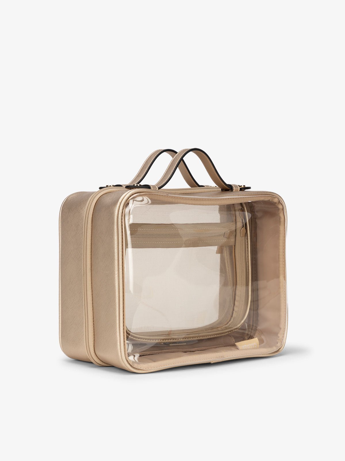CALPAK large clear skincare bag with multiple zippered compartments in metallic gold