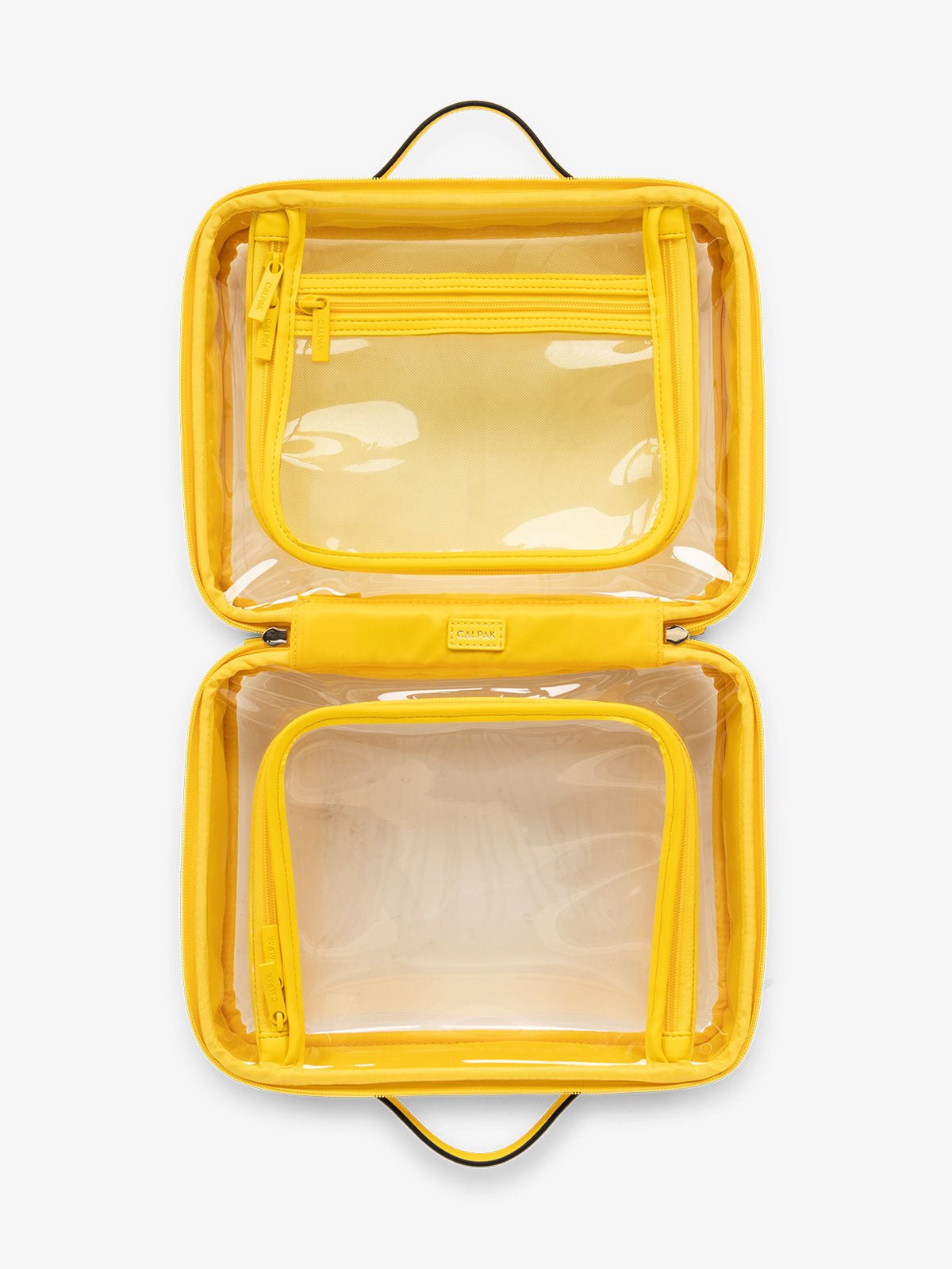 CALPAK large transparent water resistant travel makeup bag with compartments in bright yellow lemon