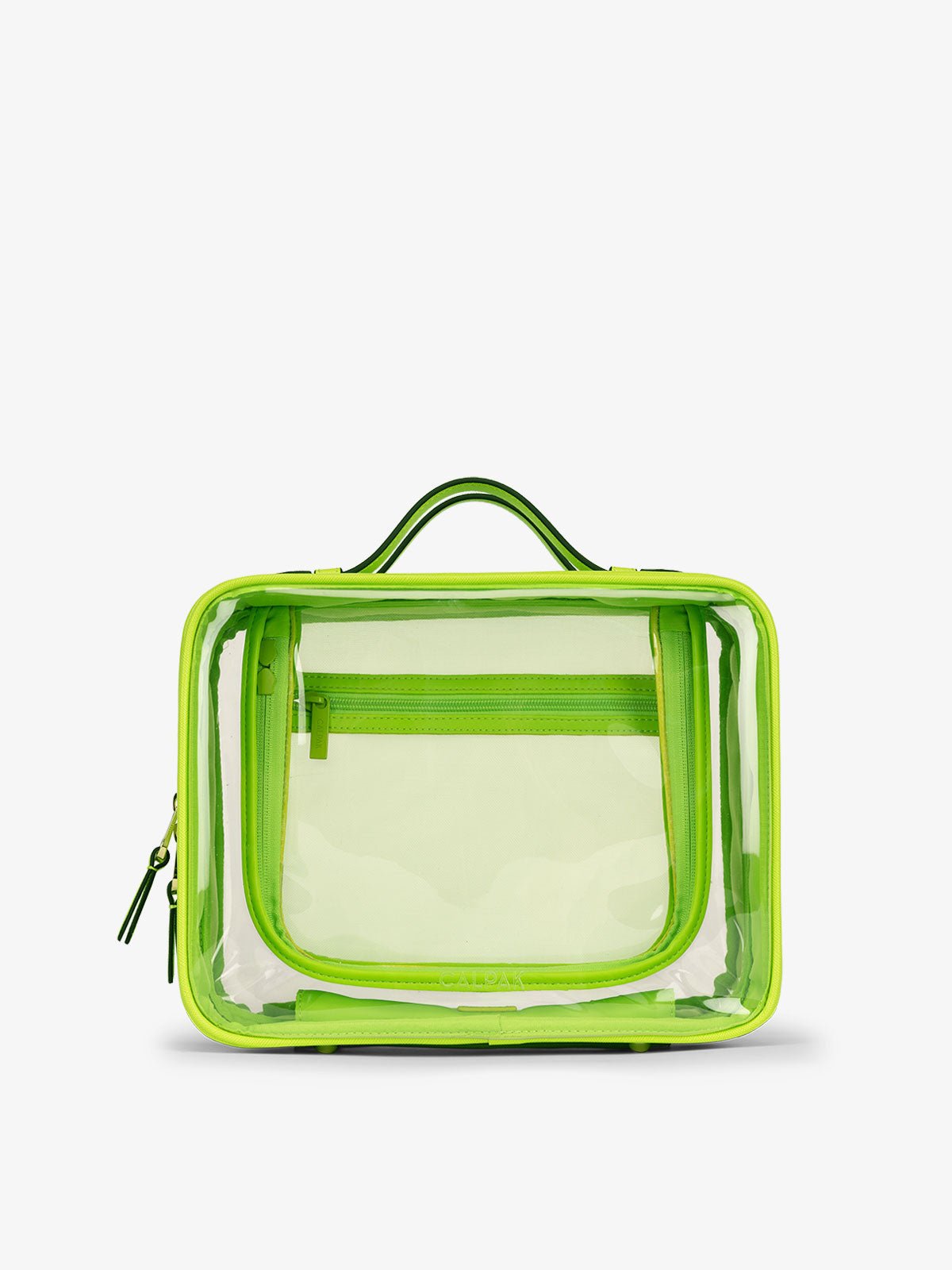 CALPAK Large clear makeup bag with zippered compartments in electric lime