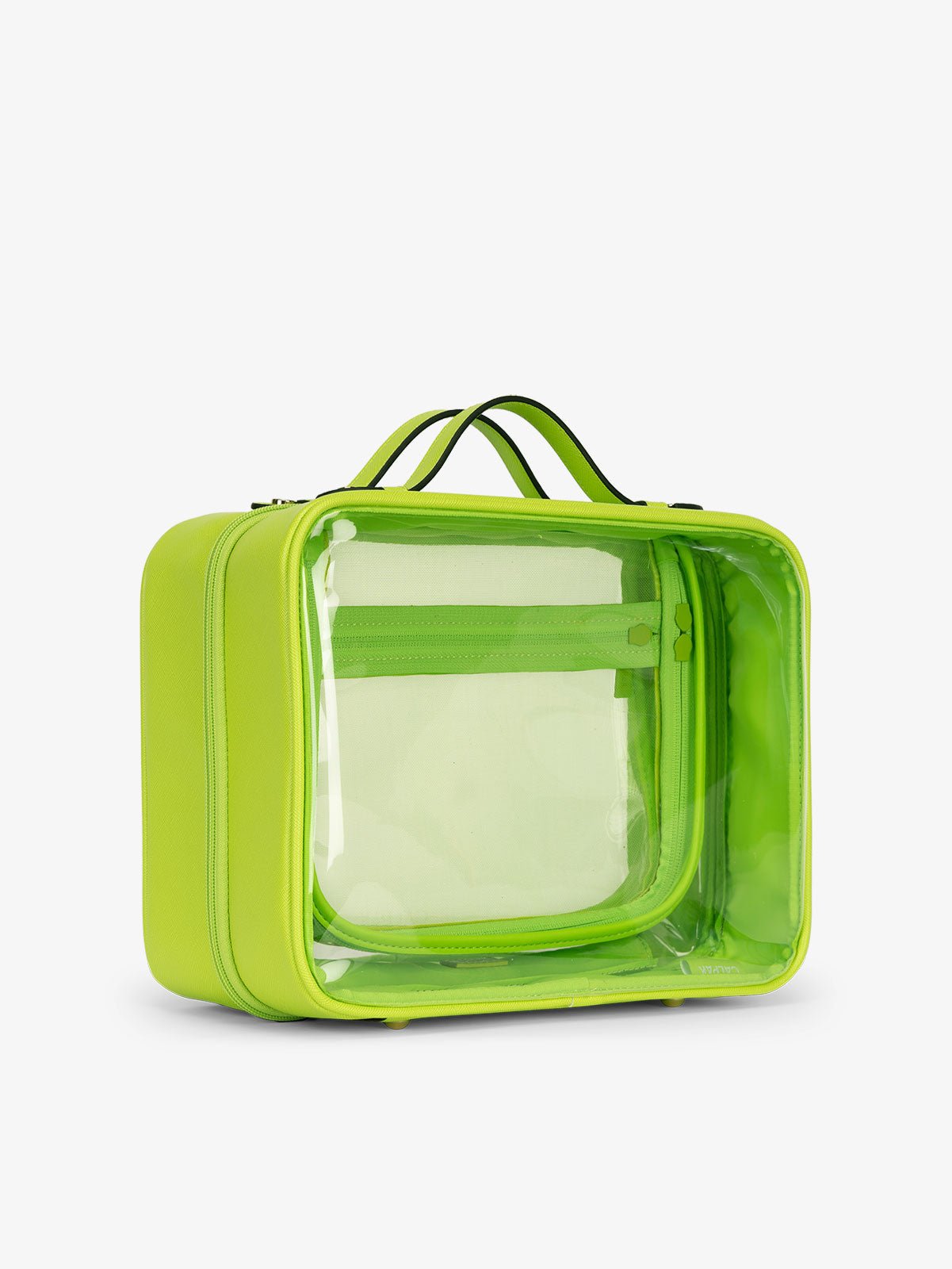 CALPAK large clear skincare bag with multiple zippered compartments in lime green