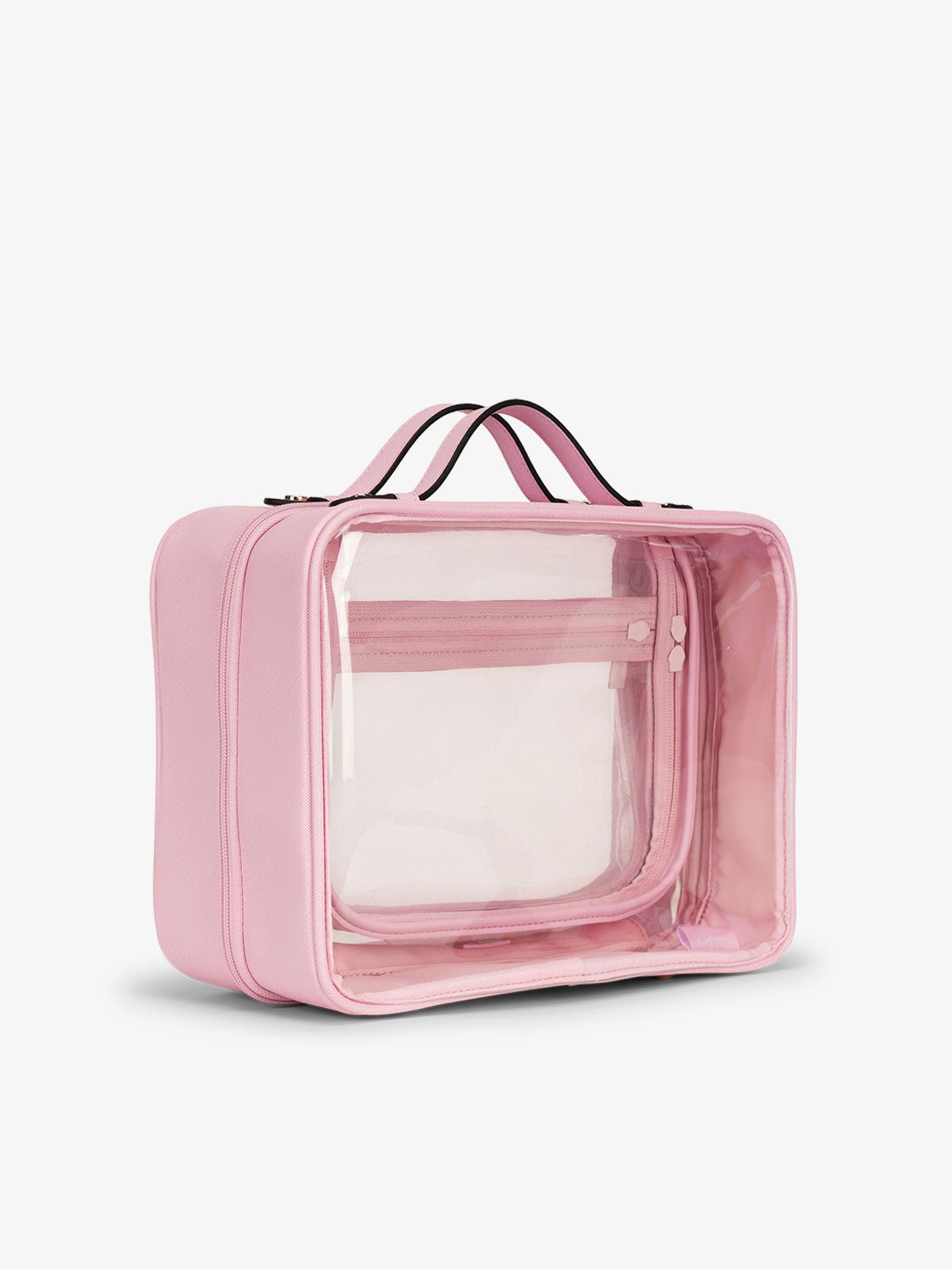 CALPAK large clear skincare bag with multiple zippered compartments in strawberry pink