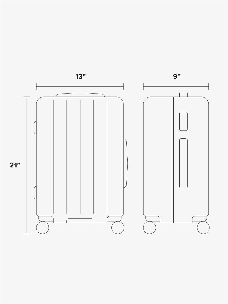 CALPAK Evry Carry On Luggage line diagram drawing showing size of 21"x13"x9";