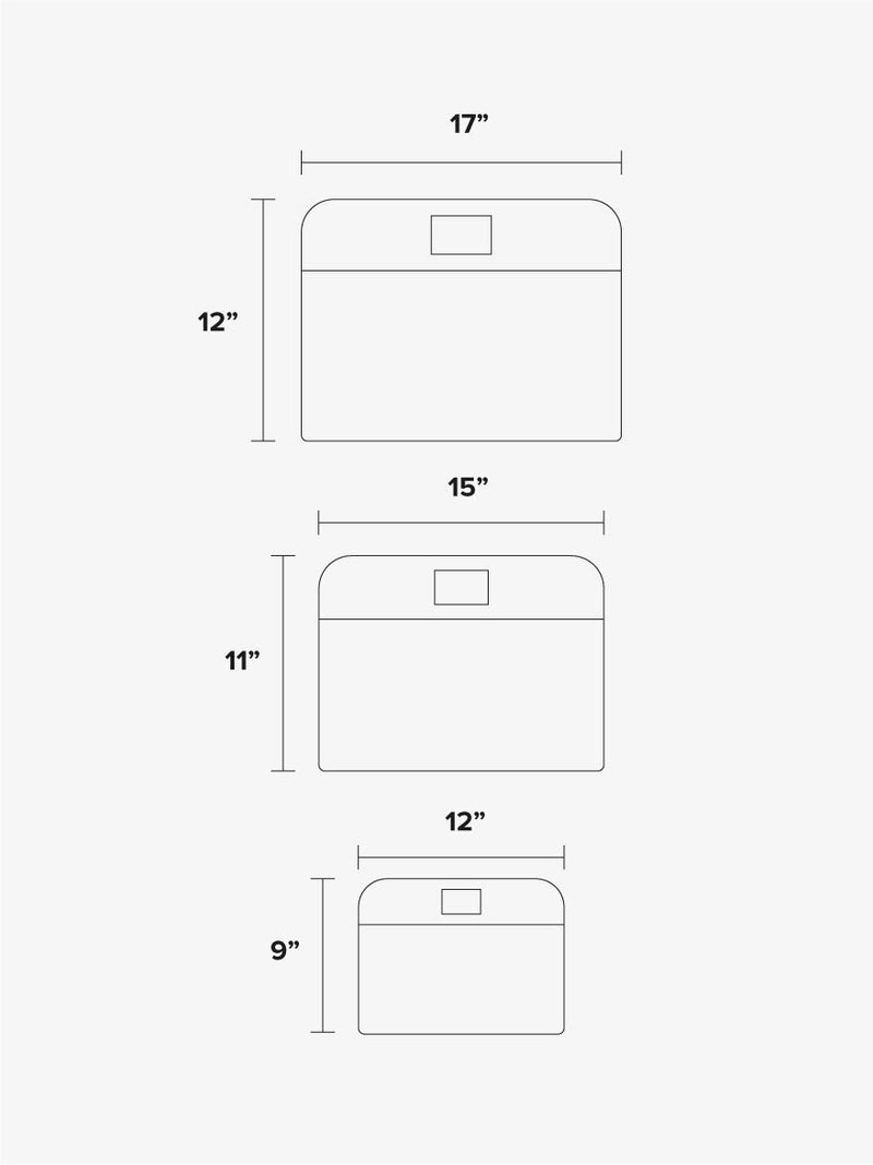 CALPAK Packing Cubes line diagram drawing graphic of dimension sizes of 12"x17".11"x15", and 9"x12"
