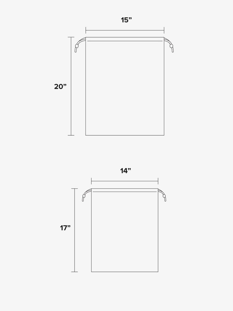 CALPAK Laundry and Shoe Bag Pouch sizes of 20"x15" and 17"x14" line diagram graphics that are included in the Evry Starter Bundle