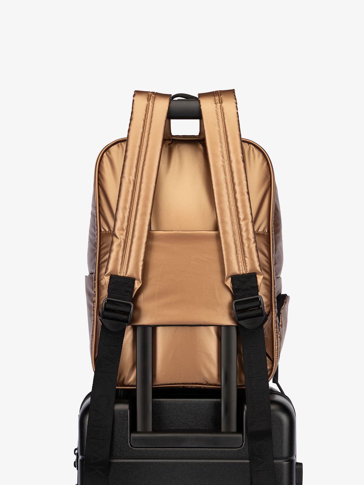 CALPAK water resistant Luka Laptop Backpack with adjustable shoulder straps and trolley sleeve in metallic brown copper