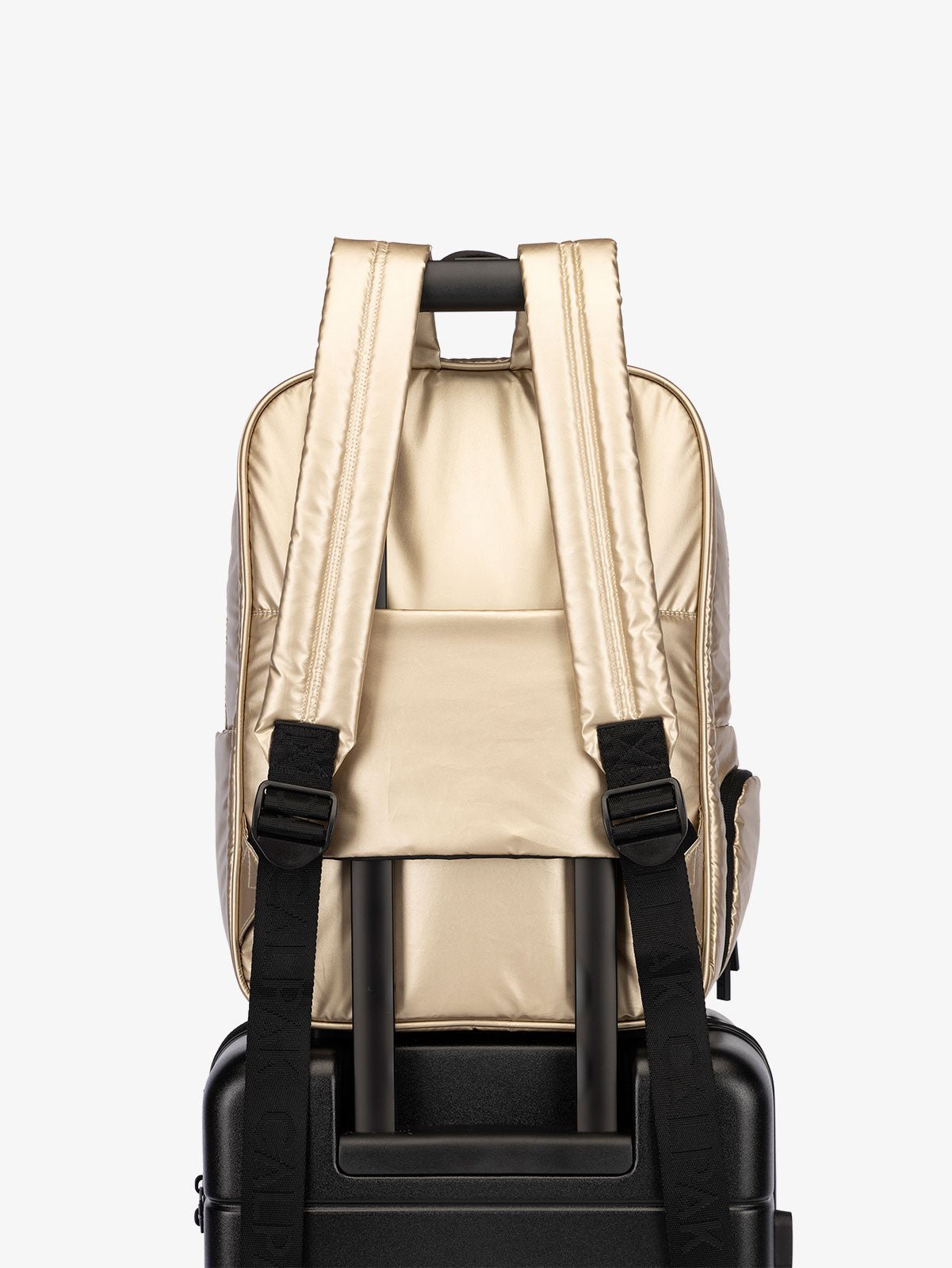 CALPAK water resistant Luka Laptop Backpack with adjustable shoulder straps and trolley sleeve in metallic gold