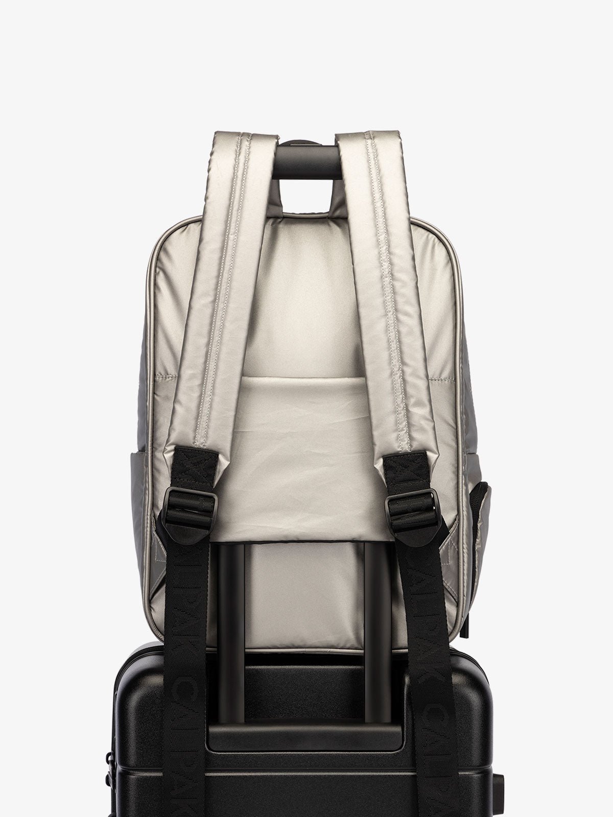 CALPAK water resistant Luka Laptop Backpack with adjustable shoulder straps and trolley sleeve in metallic silver