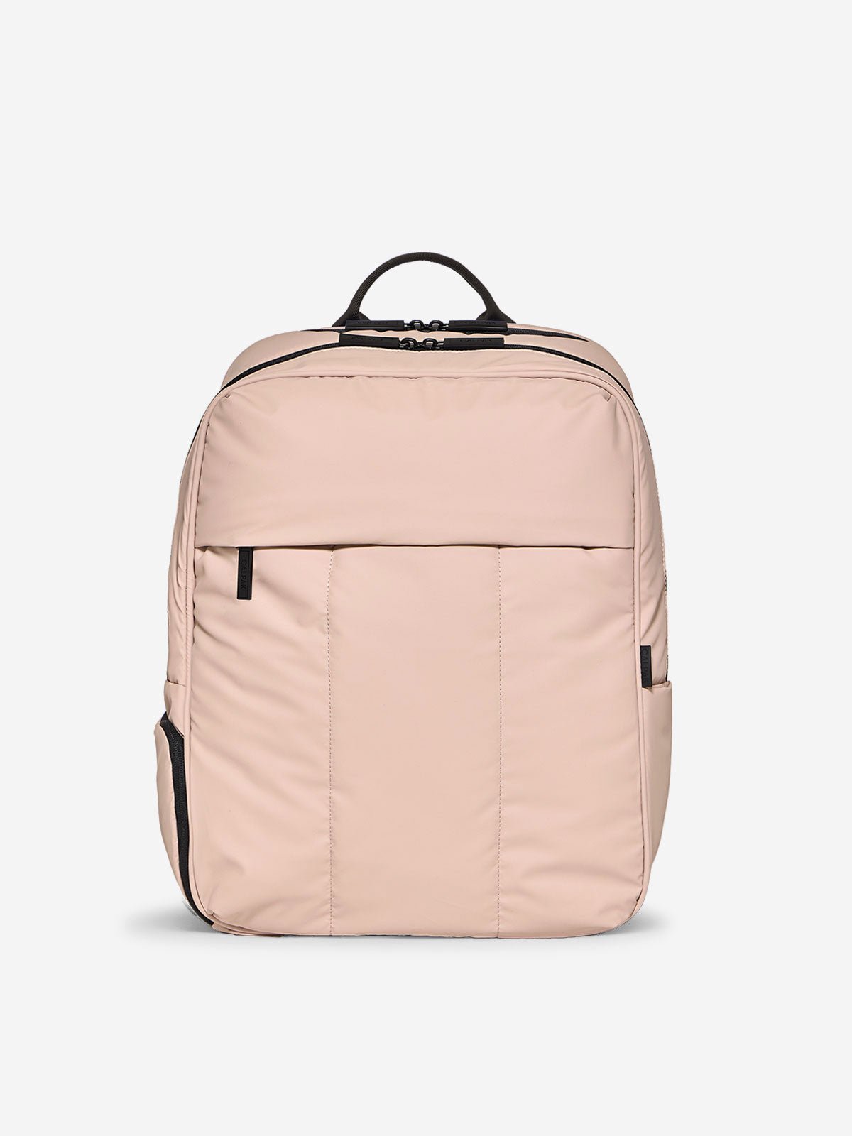 CALPAK Luka 17 inch Laptop Backpack featuring soft, puffy exterior and water resistant lining in rose quartz