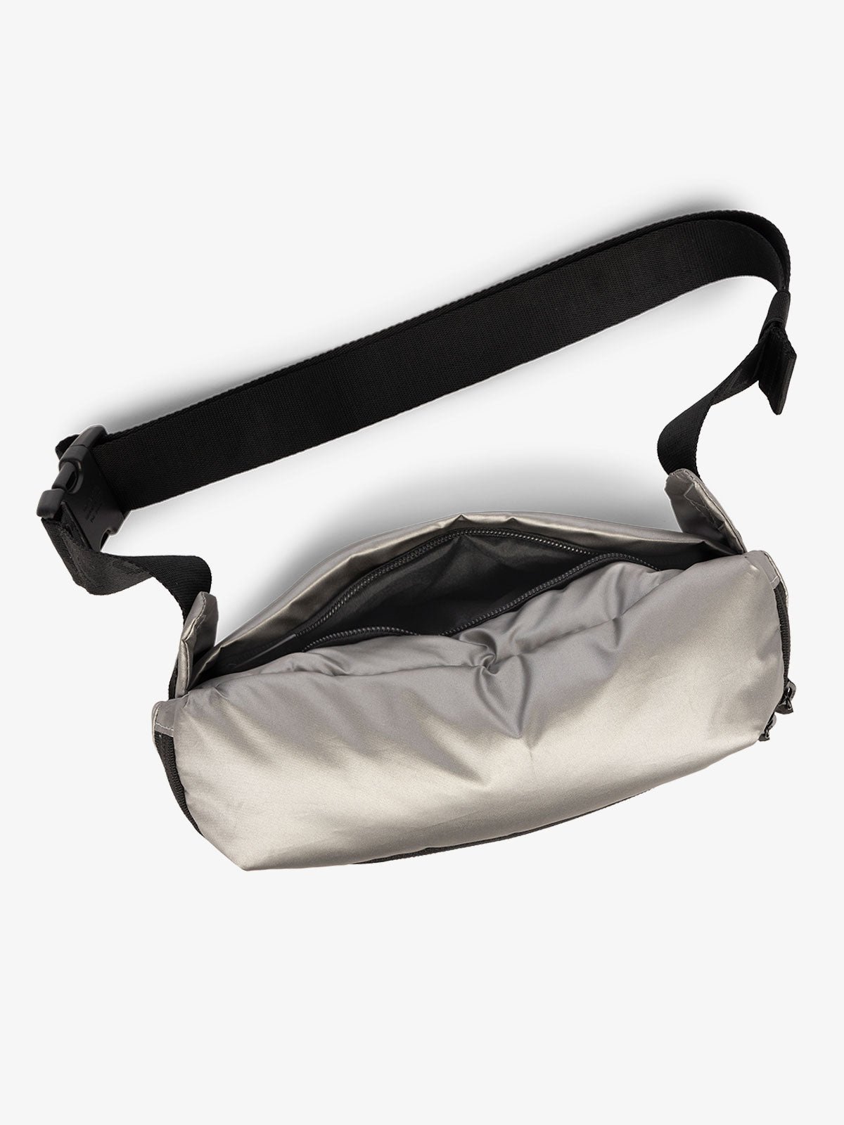 CALPAK Luka Belt Bag with adjustable strap and hidden back pocket in metallic silver gunmetal