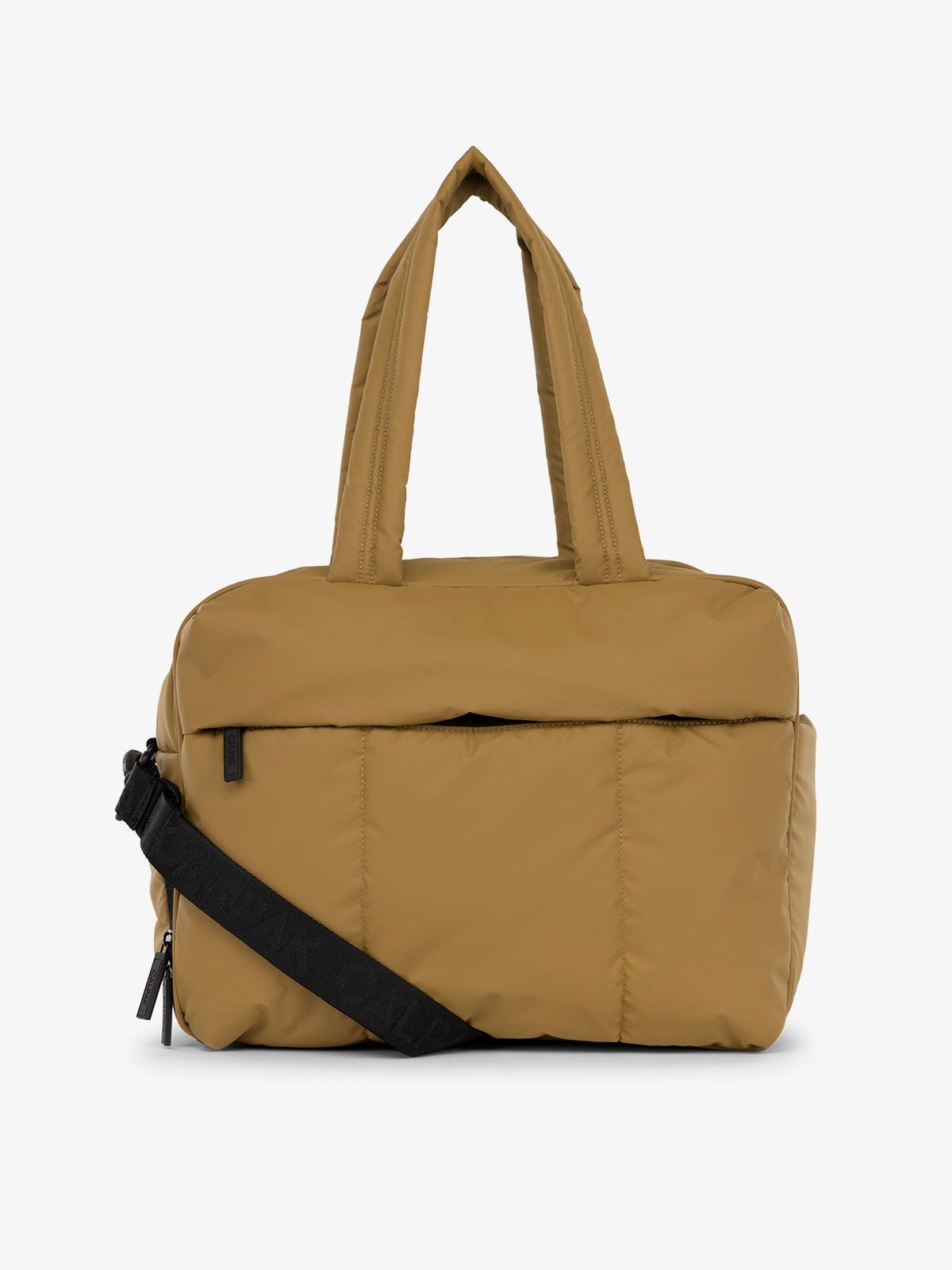 CALPAK Luka Duffel puffy Bag with detachable strap and zippered front pocket in khaki