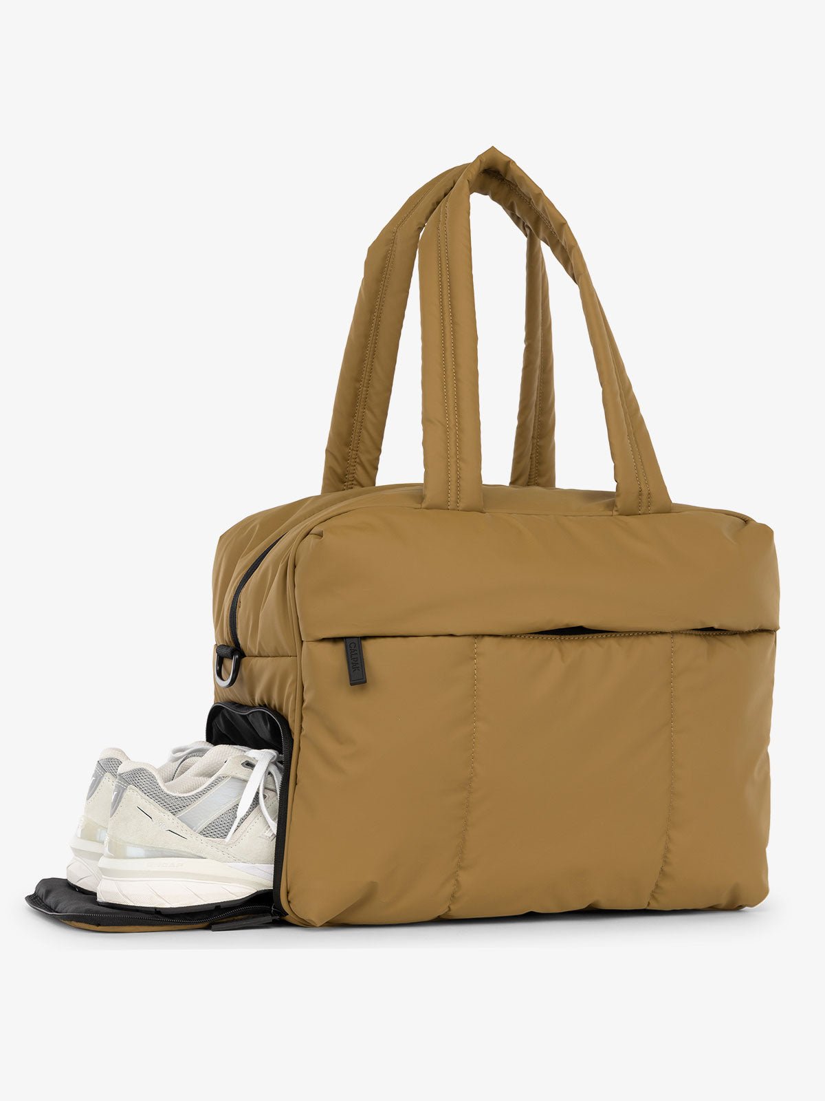 CALPAK Luka Duffel Bag with side shoe compartment and top handles in khaki brown