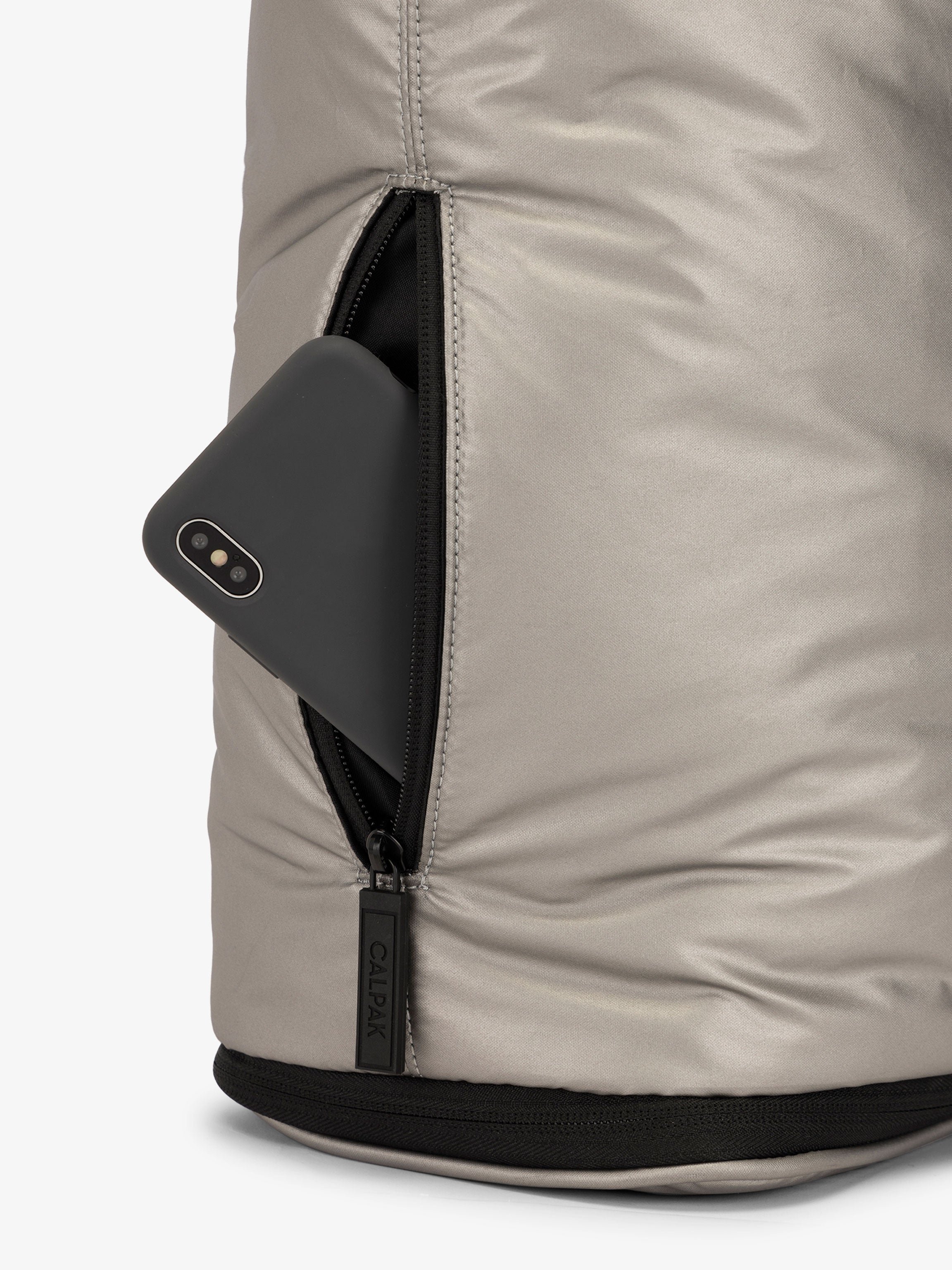 CALPAK Luka expandable laptop bag with hidden zippered pockets in metallic gray