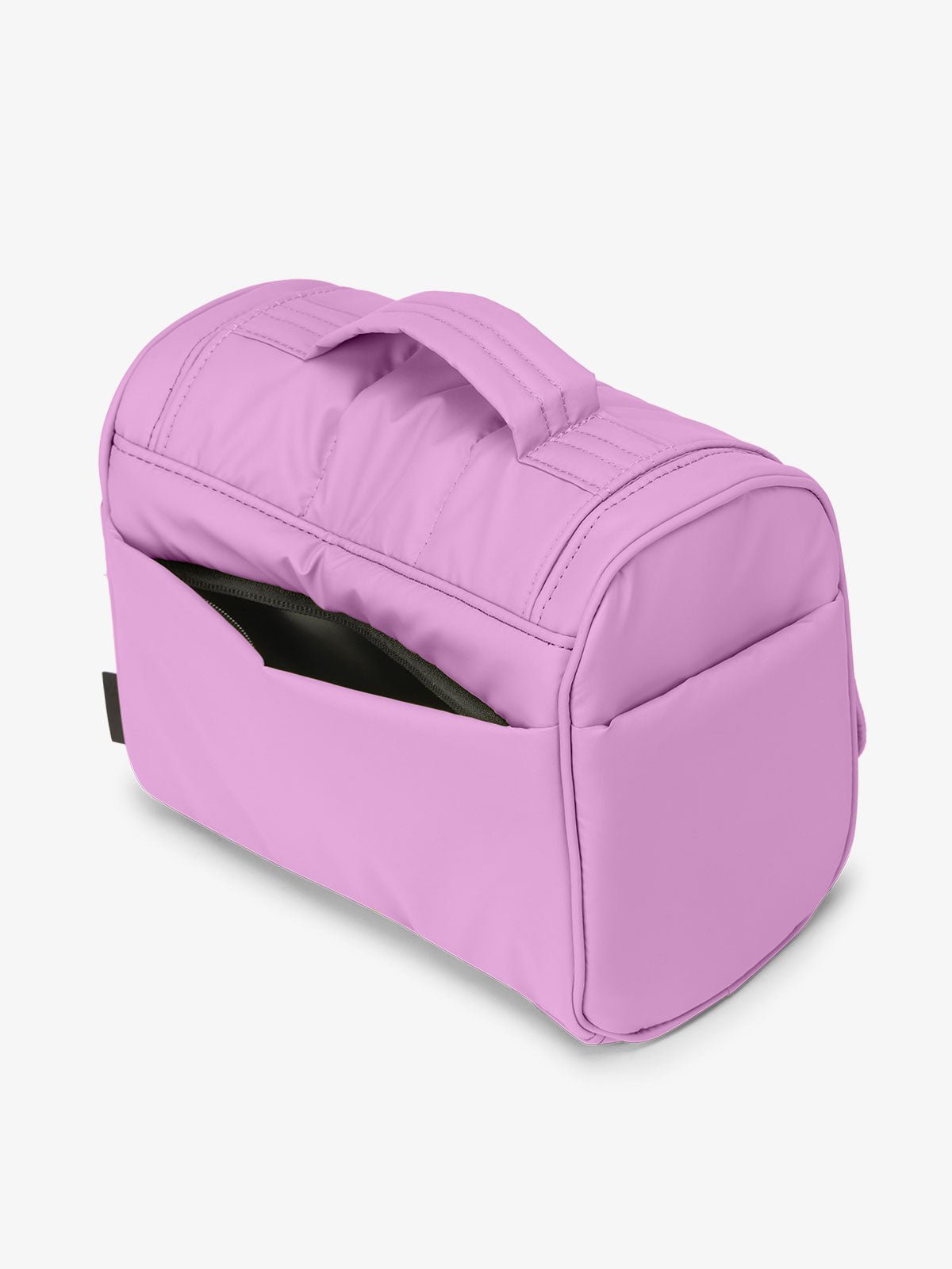 Lavender CALPAK Luka Hanging Toiletry Bag featuring additional secure zippered back pocket