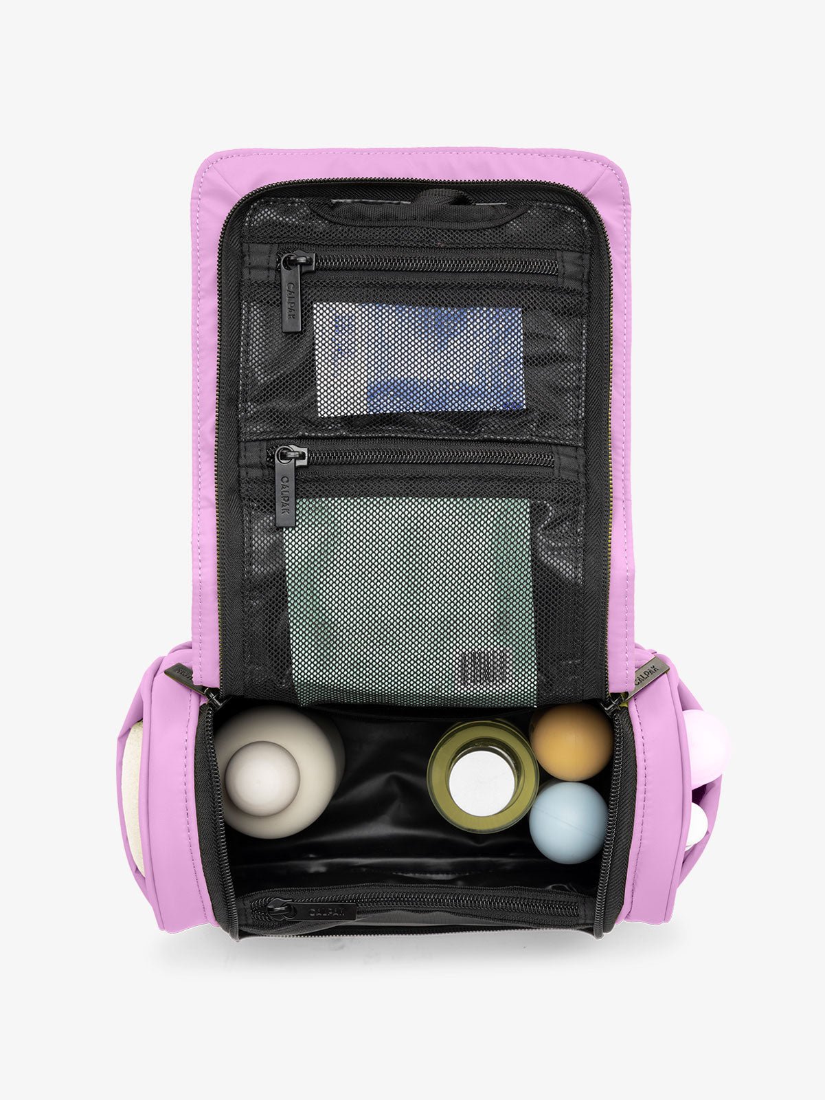 luka hanging toiletry bag with multiple interior and exterior pockets and compartments in lavender