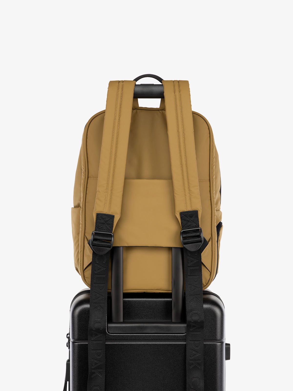 CALPAK water resistant Luka Laptop Backpack with adjustable shoulder straps and trolley sleeve in khaki
