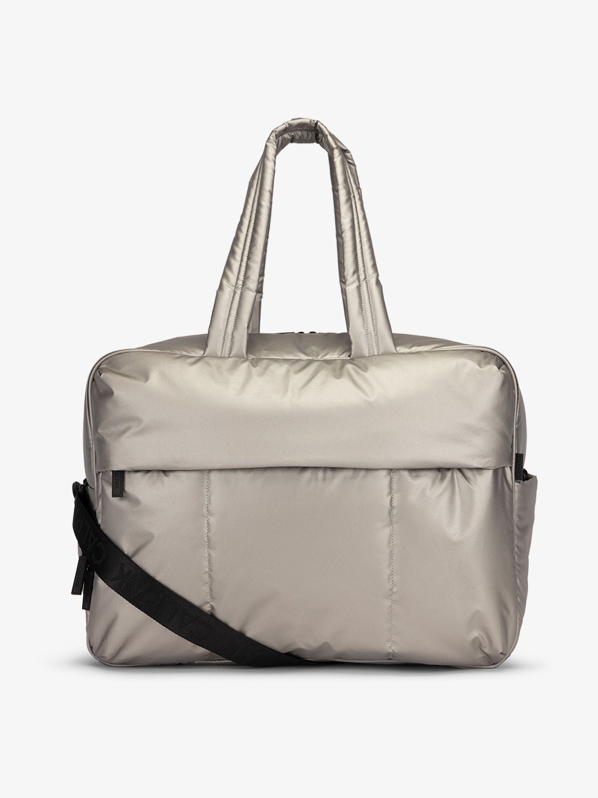 CALPAK Luka large duffle bag with detachable strap and zippered front pocket in metallic silver