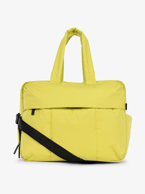 CALPAK Luka large duffel bag for travel with detachable strap and zippered front pocket in celery; DLL2201-CELERY
