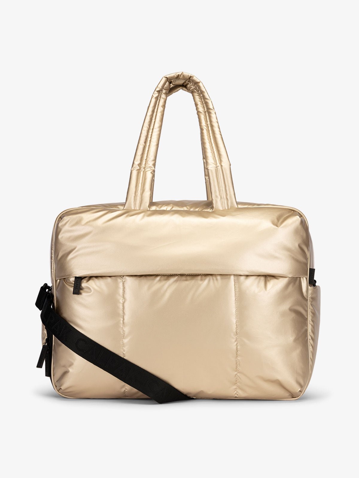 CALPAK Luka large duffle bag with detachable strap and zippered front pocket in metallic gold