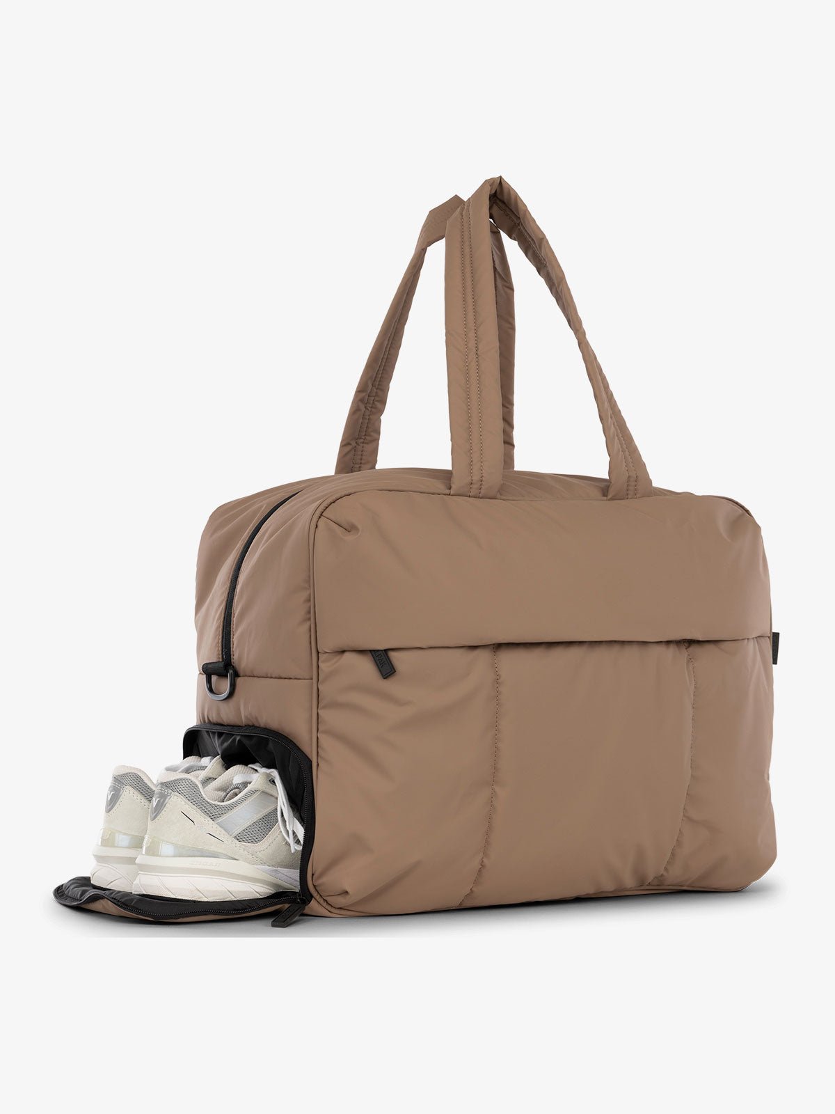 CALPAK Luka large duffel bag with side shoe compartment and dual handles in chocolate