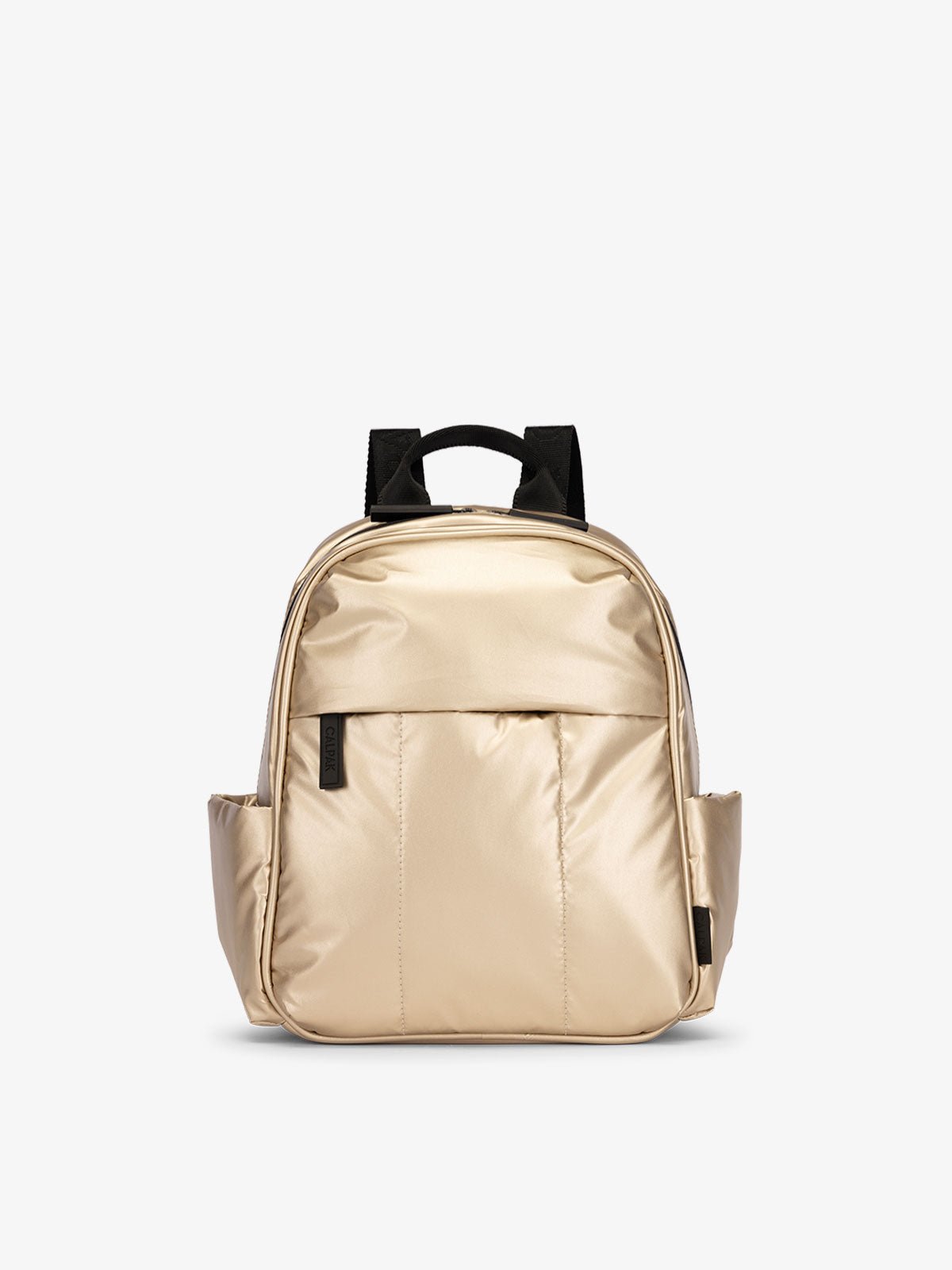 CALPAK Luka Mini Backpack with soft puffy exterior and front zippered pocket in metallic gold