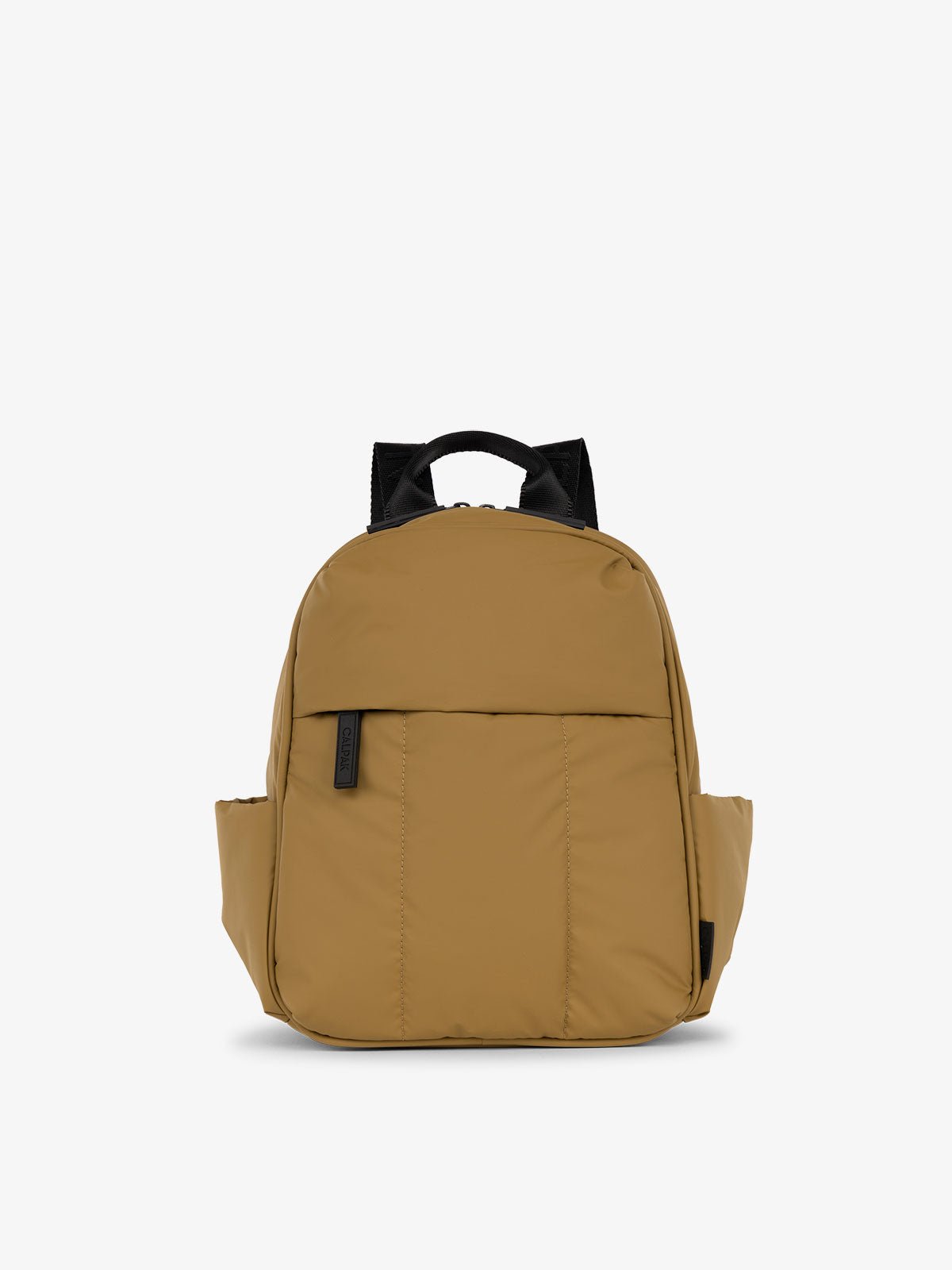 CALPAK Luka Mini Backpack for essentials for everyday use with puffy exterior and water resistant interior lining in khaki