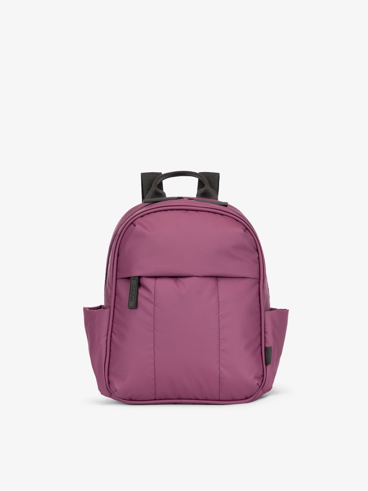 CALPAK Luka Mini Backpack with soft puffy exterior and front zippered pocket purple plum
