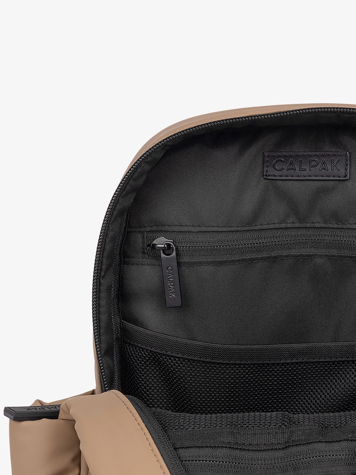 CALPAK Luka Mini Backpack multiple interior pockets in chocolate brown