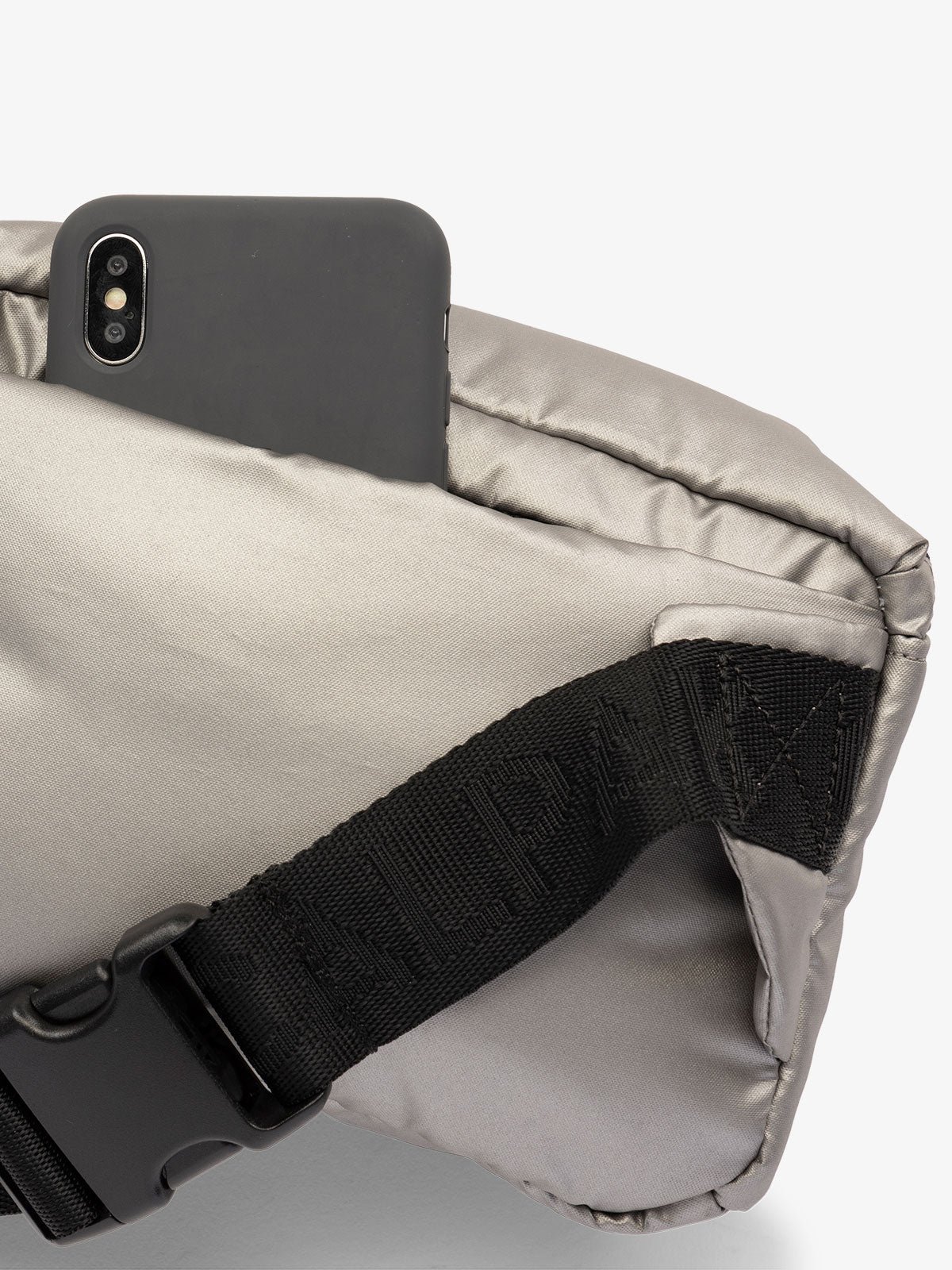 CALPAK Luka small waist bag with adjustable strap and back pocket in metallic gray