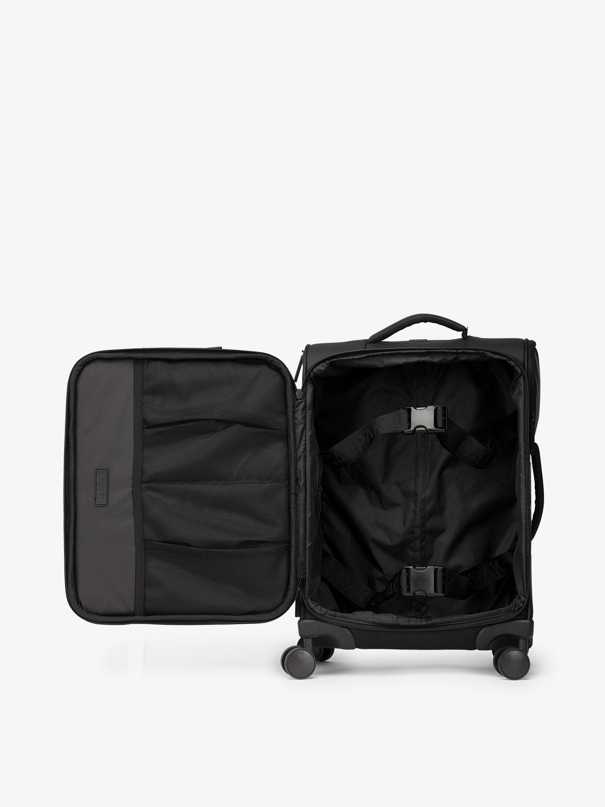 CALPAK Luka soft sided carry on luggage interior with multiple pockets and compression straps in matte black