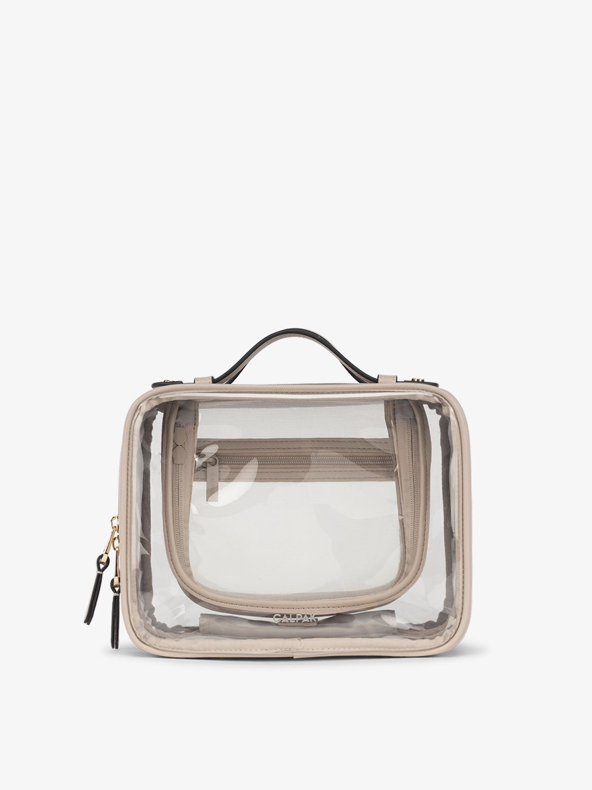 CALPAK Medium clear makeup bag with zippered compartments in stone