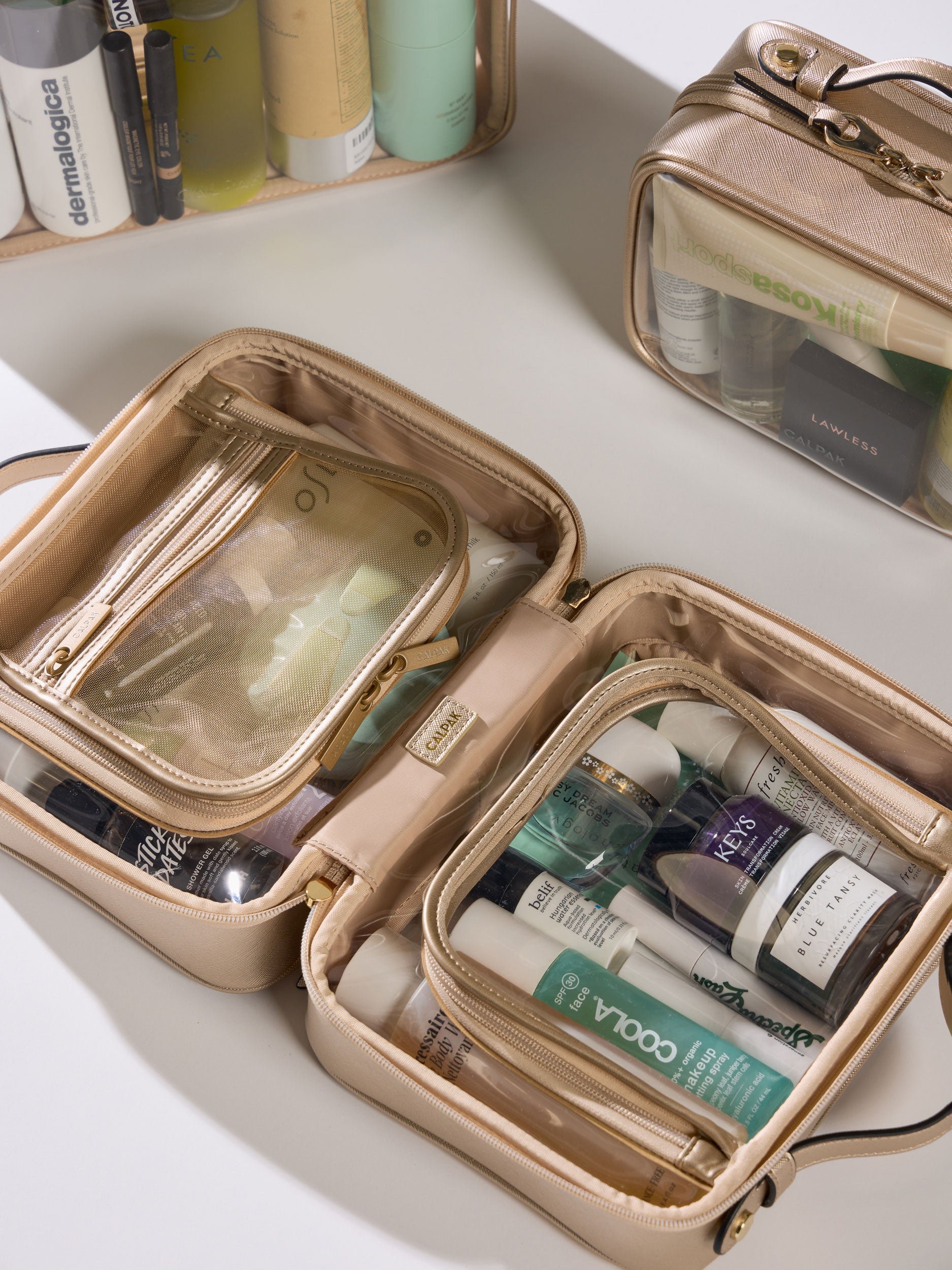 Medium Clear Cosmetic Case in metallic gold for organizer personal skincare items and makeup