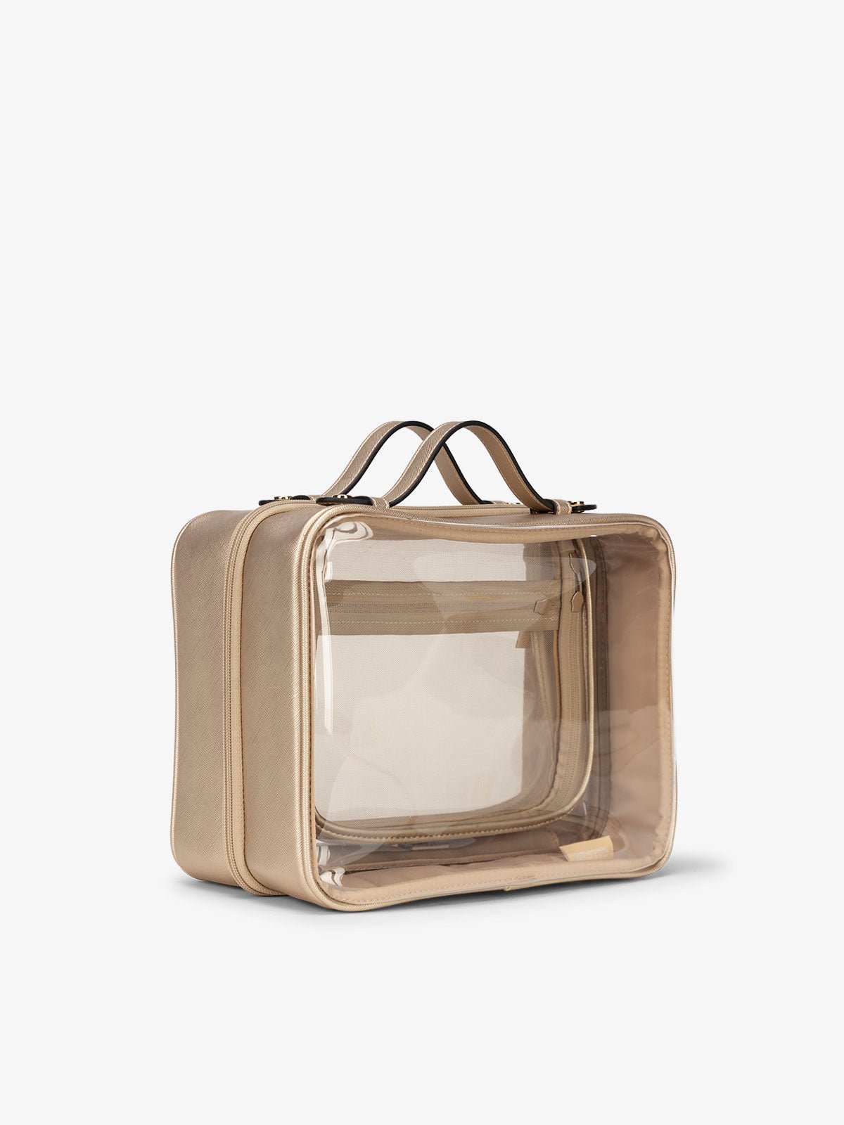 CALPAK clear makeup bag with top handles in gold