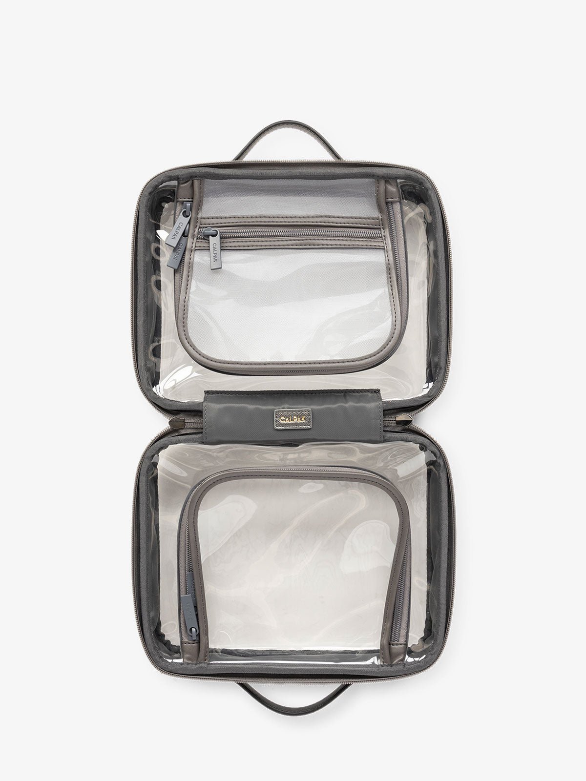 CALPAK clear travel makeup bag with zipper enclosed compartments in metallic steel