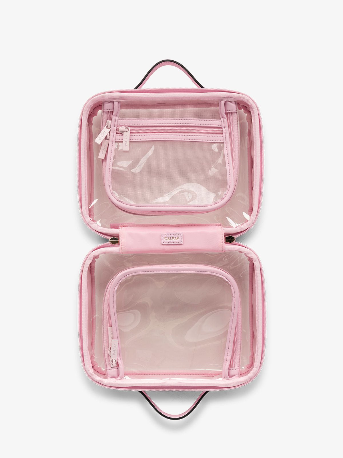 CALPAK clear travel makeup bag with zipper enclosed compartments in pink