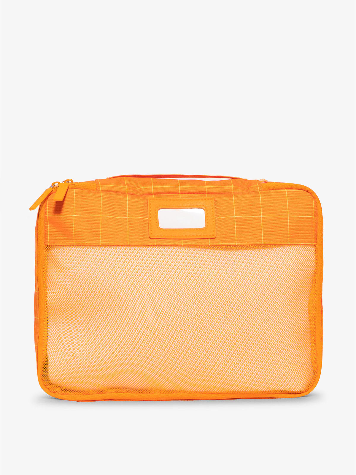 CALPAK luggage packing cubes for clothes with mesh front and label in orange grid