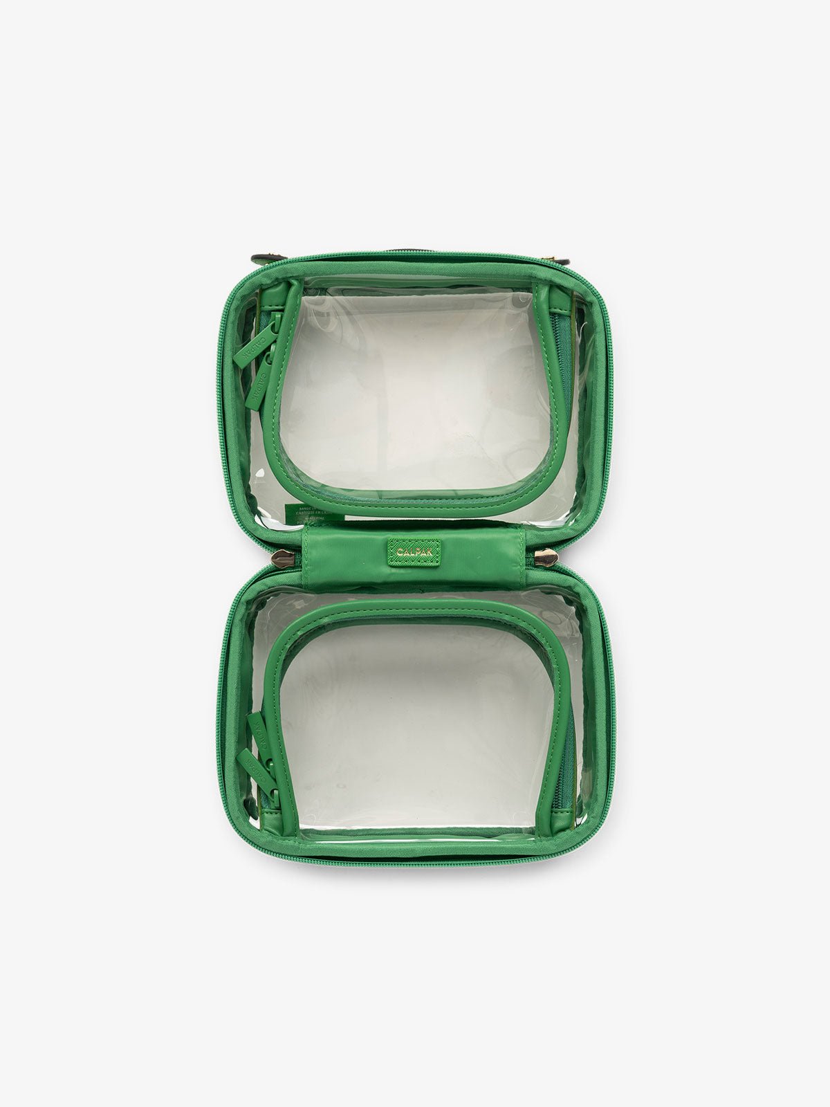 CALPAK small clear skincare bag with multiple zippered compartments in green apple