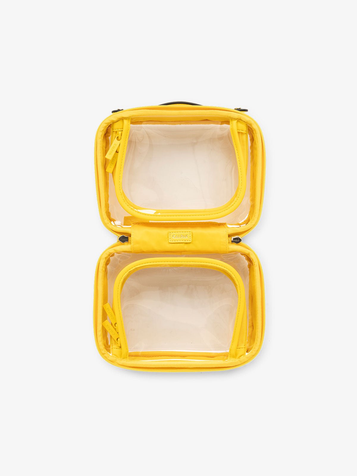 CALPAK small clear skincare bag with multiple zippered compartments in lemon yellow