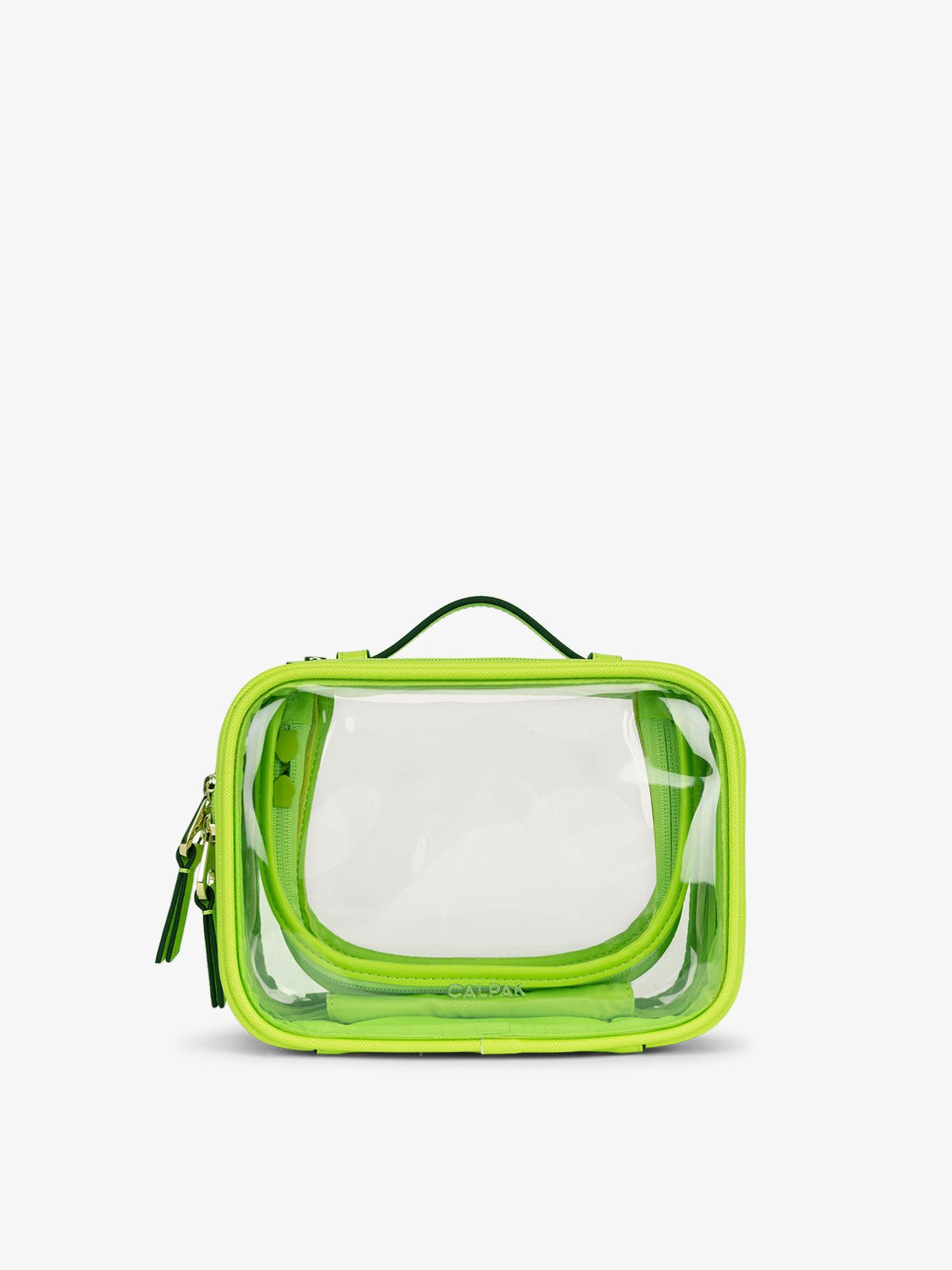 CALPAK small clear makeup bag with zippered compartments in electric green
