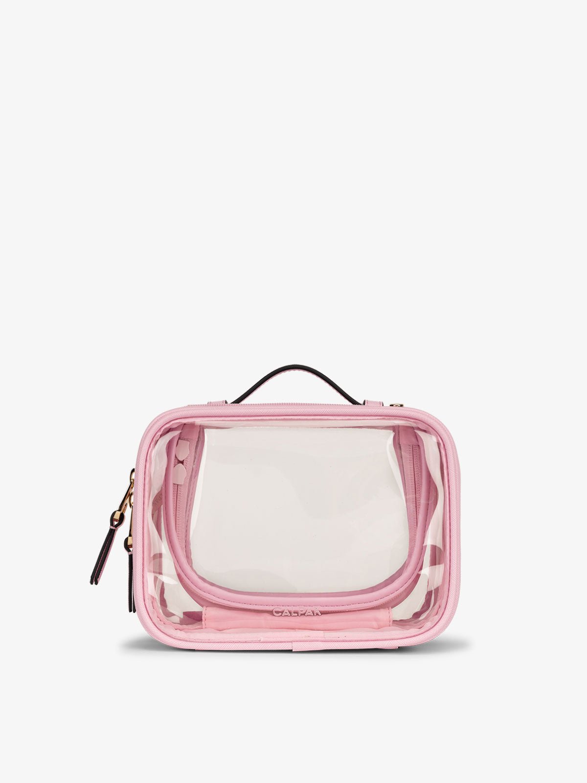 CALPAK small clear makeup bag with zippered compartments in pink strawberry