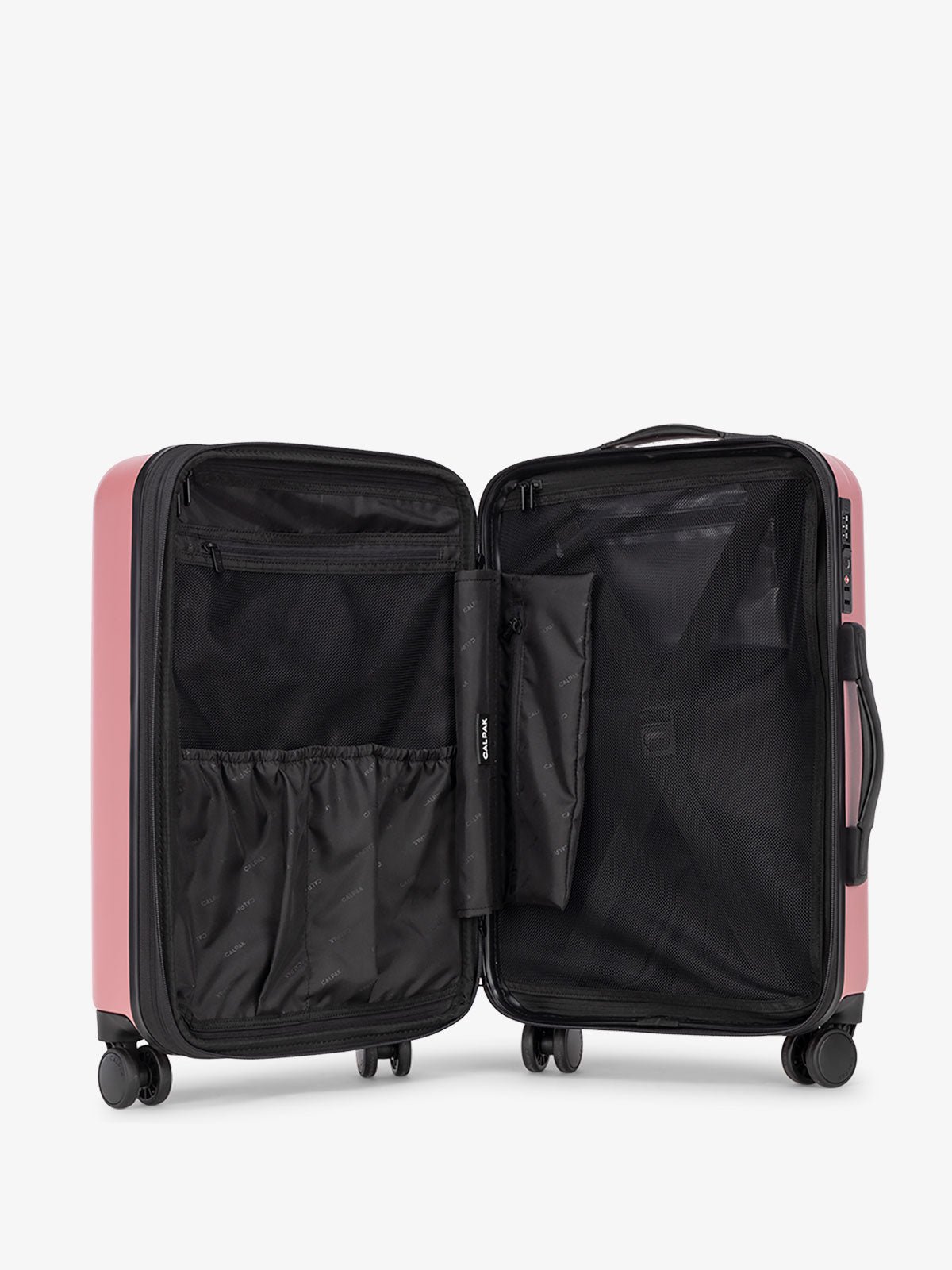 CALPAK Hard sided luggage bundle interior compartments and compression straps in pink