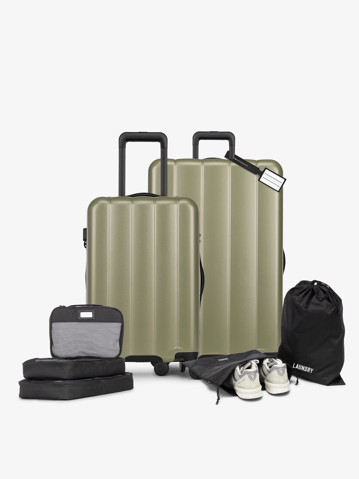 CALPAK Starter Luggage Set with Carry-On, Large Luggage, Packing Cubes, Pouches and Luggage tag in green